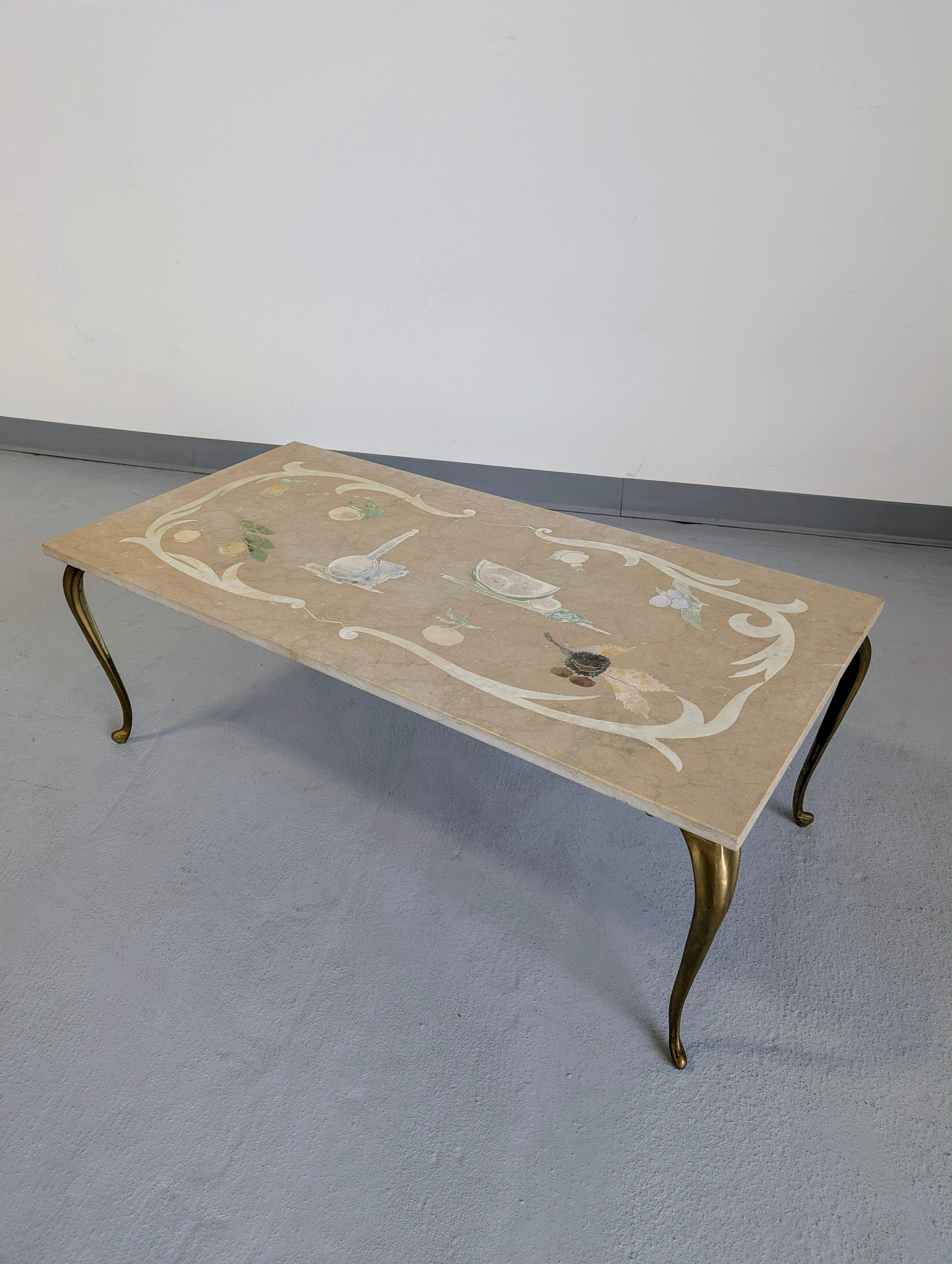 20ième siècle Table basse italienne Scagliola incrustée en marbre Emilio Martelli en vente
