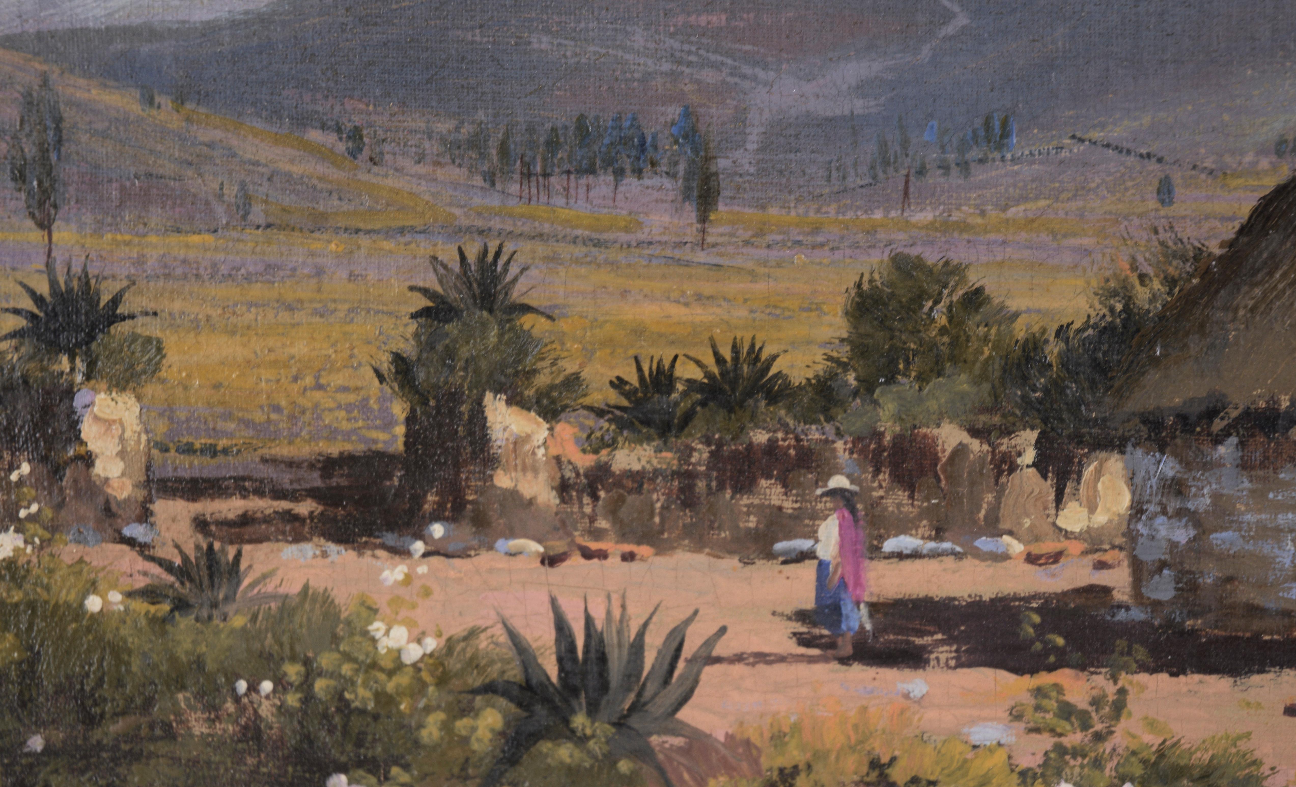 Peaceful depiction of the Ecuadorian Andes by Emilio Moncayo (Ecuadorian, 1895-1970). In the foreground are two traditional Ecuadorian homes, with people going about their daily lives. Beyond the village is a wide open field, leading to a small