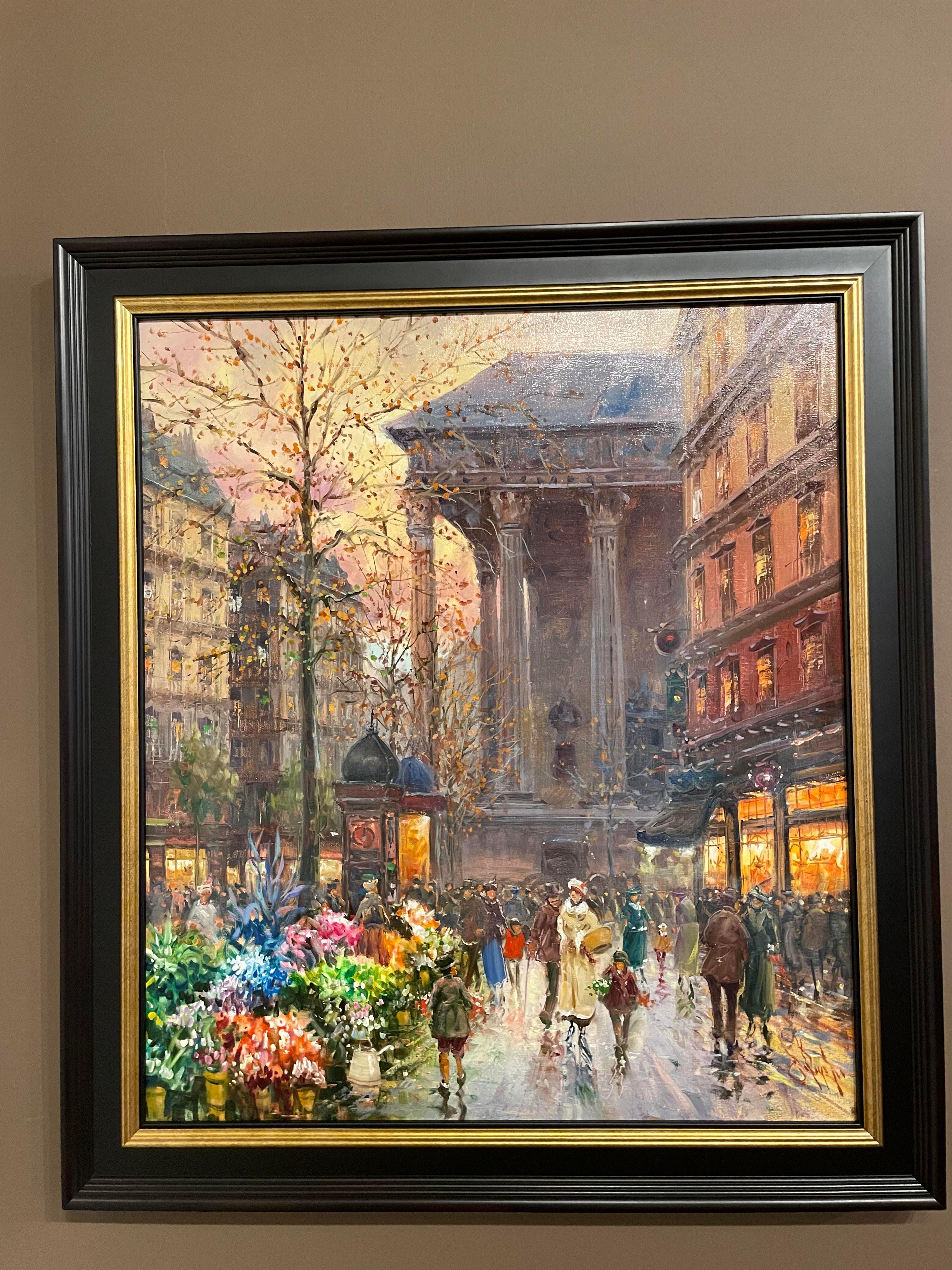 Mercato dei fiori nel Boulevard - Landscape Painting Nero di Emilio Payes