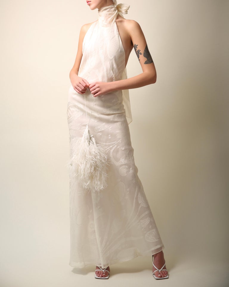Emilio Pucci 01 vintage ivory floral print silk backless maxi dress wedding gown In Good Condition For Sale In Paris, FR