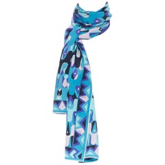 EMILIO PUCCI 100% silk blue geometric signature graphic print rectangular scarf