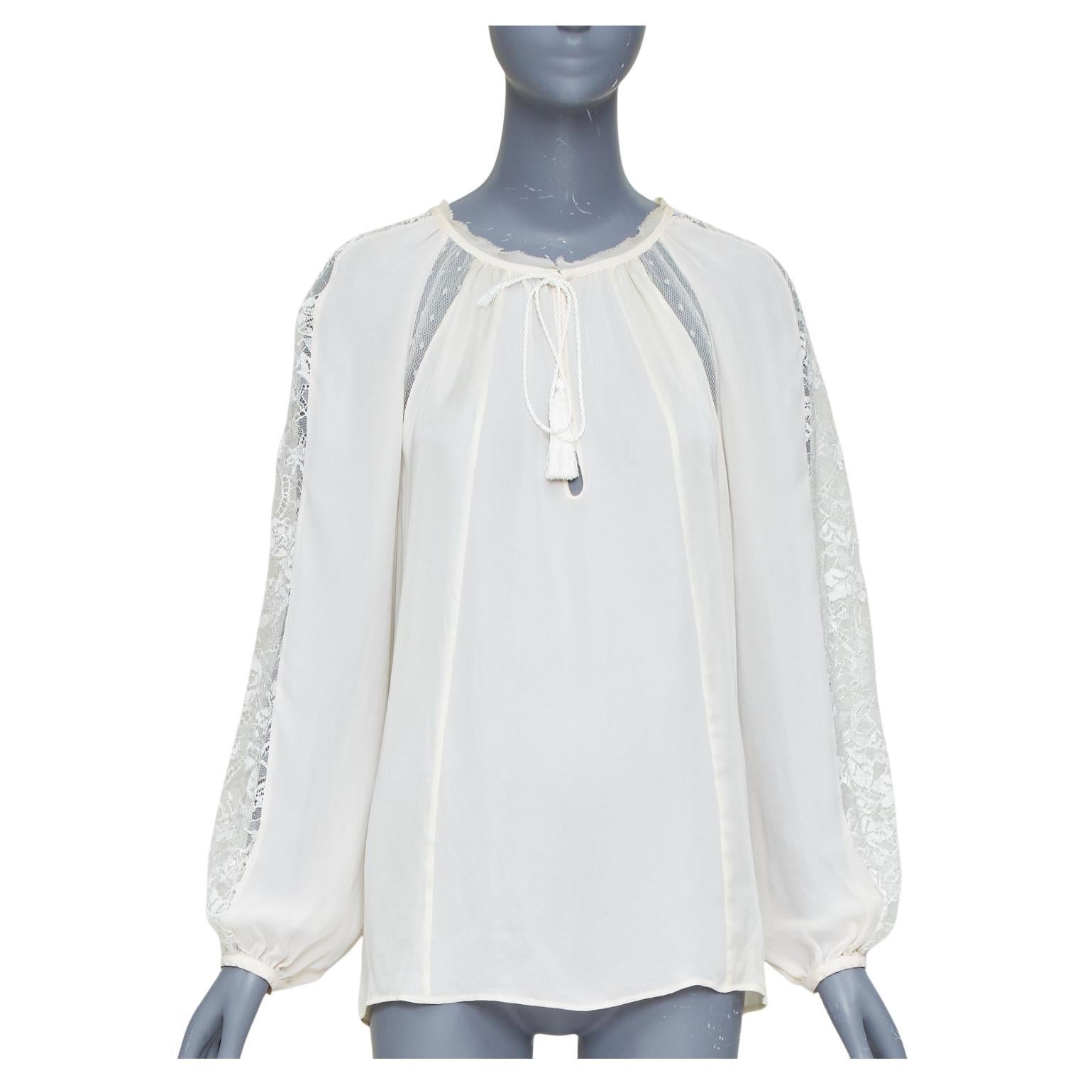 EMILIO PUCCI 100% seda marfil encaje mangas abullonadas blusa campesina boho IT40 S
