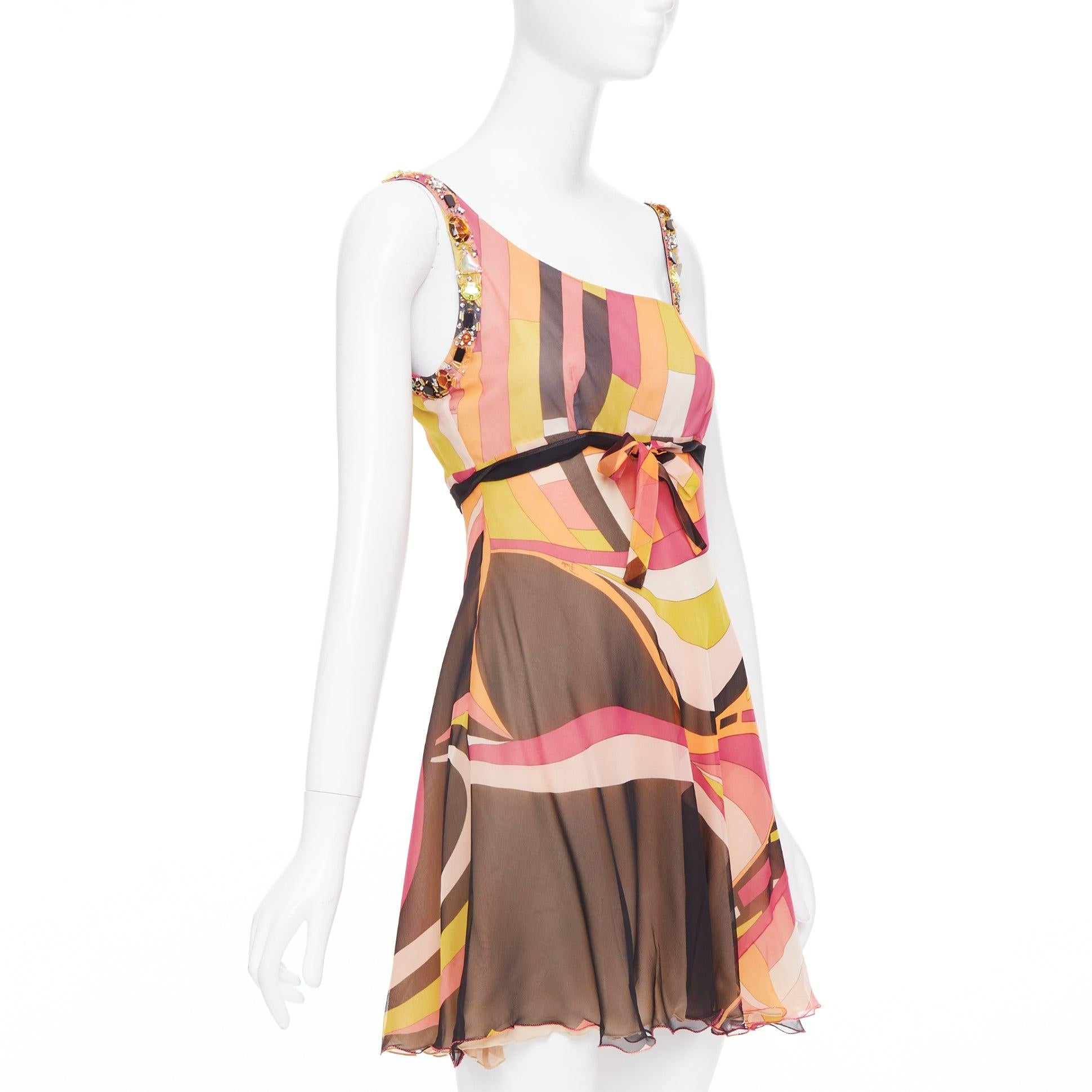 EMILIO PUCCI 100% silk kaleidoscopic swirl beaded shoulder dress IT40 S (Beige) im Angebot