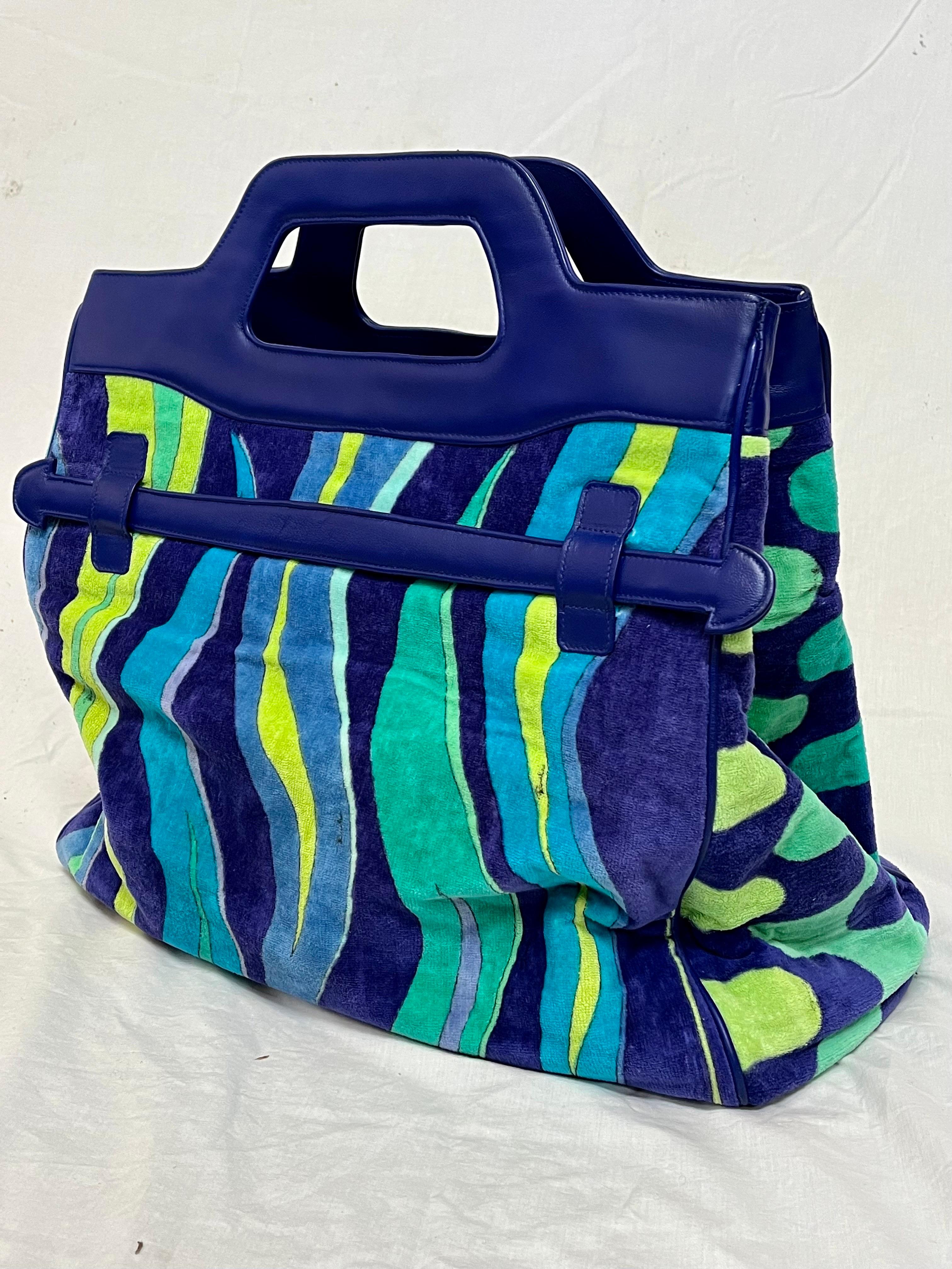 Mid-Century Modern Emilio Pucci 1960s Large Velour Signed Fold over Double Handle Beach Tote Bag