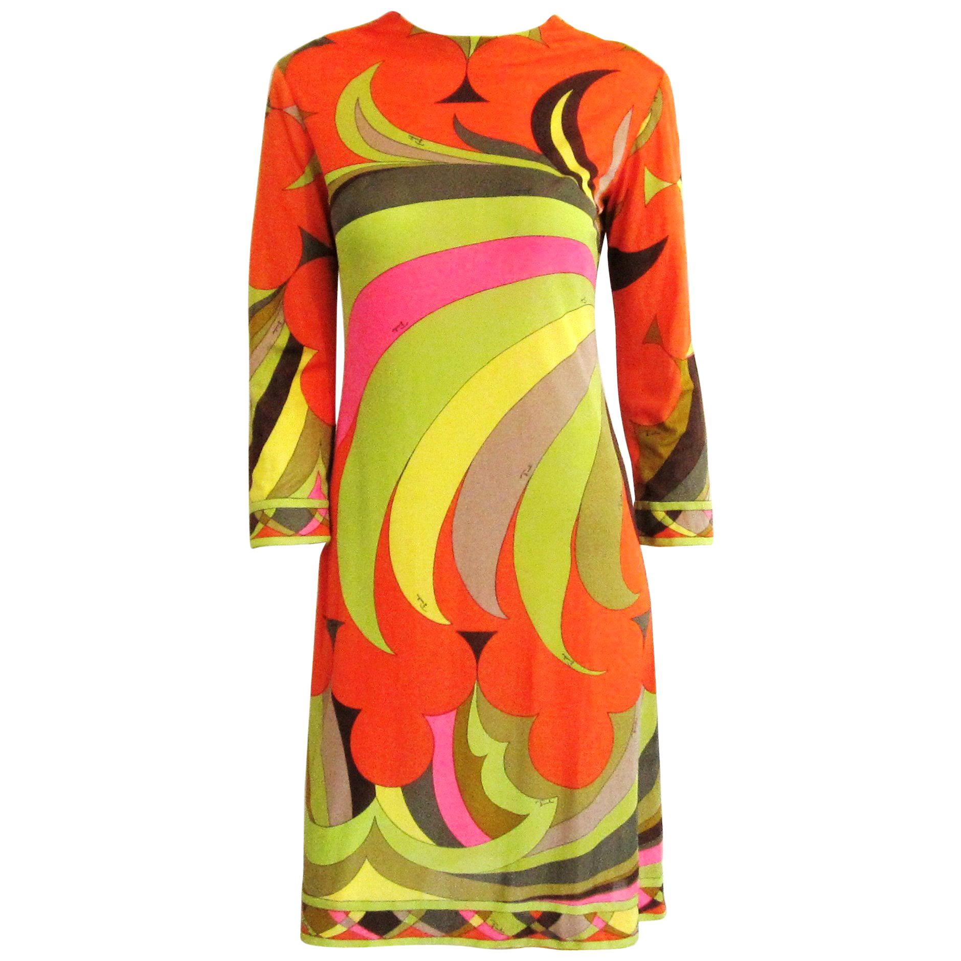 EMILIO PUCCI 1970s Signature Print Floral Rose Silk Long Sleeve Dress
