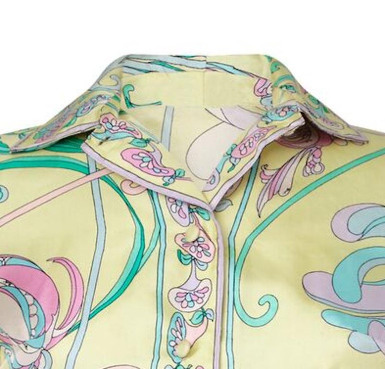 Emilio Pucci 1960s Pale Yellow Silk Floral Print Blouse For Sale at 1stDibs
