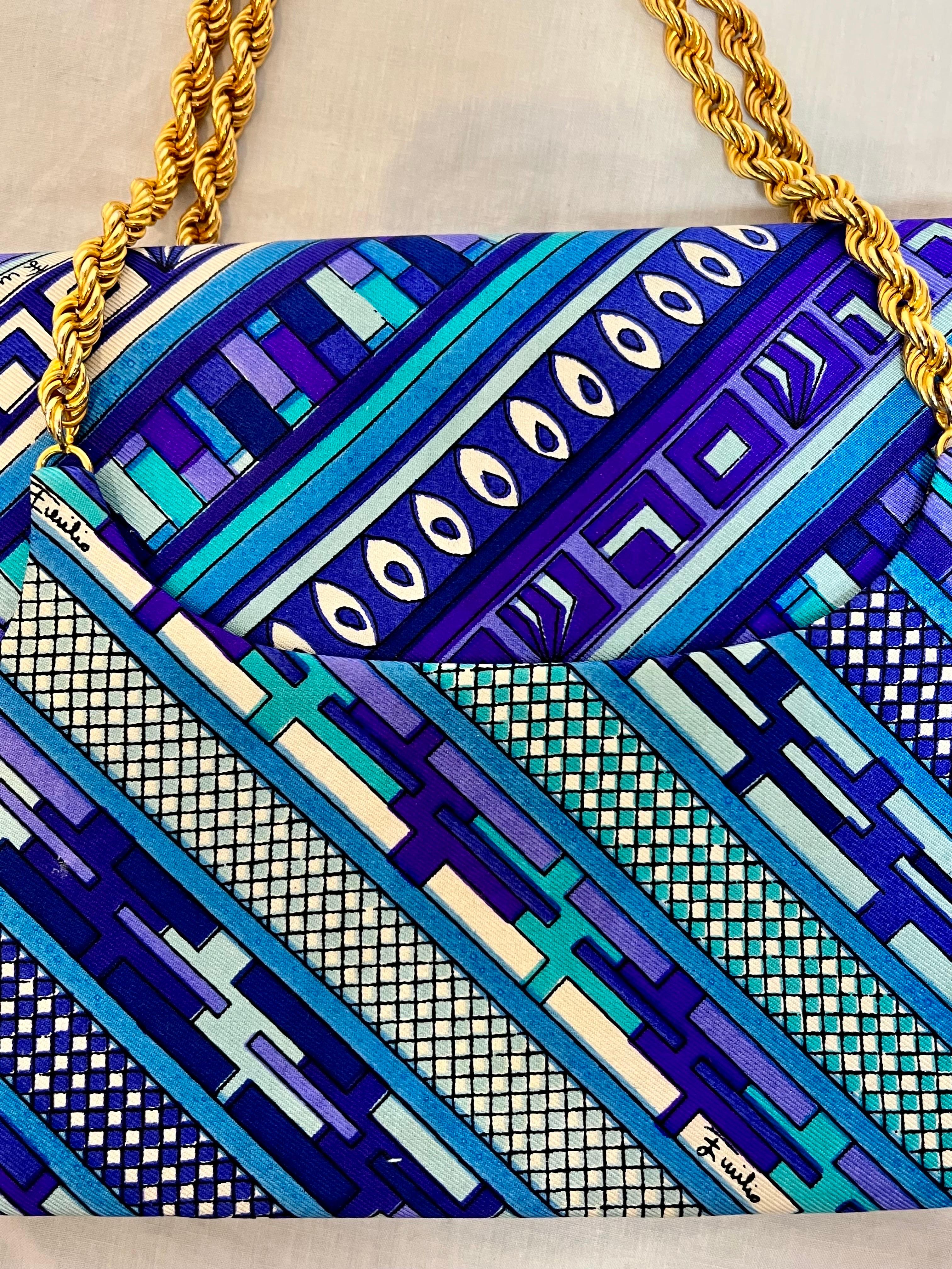 Emilio Pucci 1960s Top Handle Chain Signed Vibrant Print Clutch Fold over Bag 3