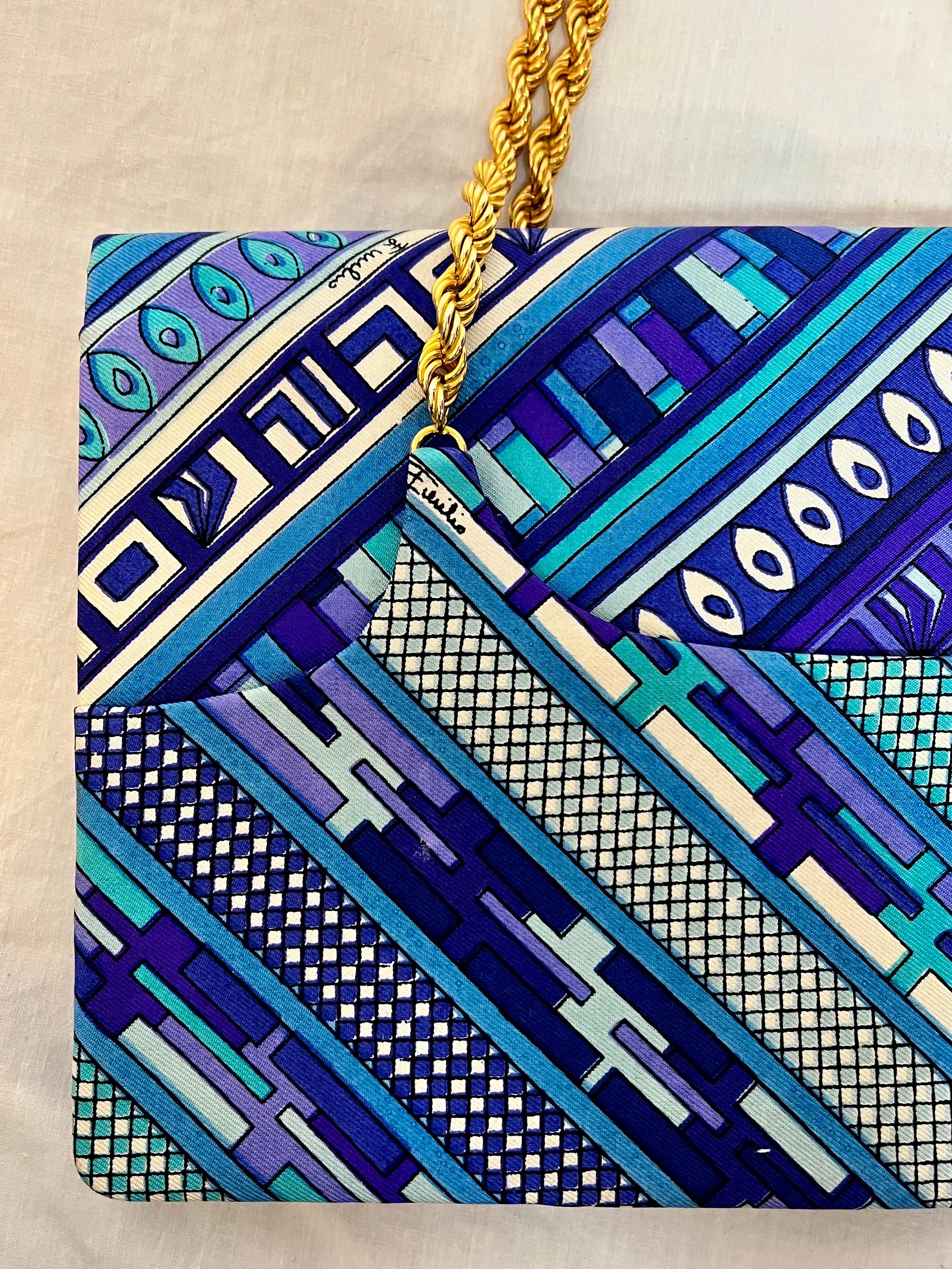 Emilio Pucci 1960s Top Handle Chain Signed Vibrant Print Clutch Fold over Bag 4
