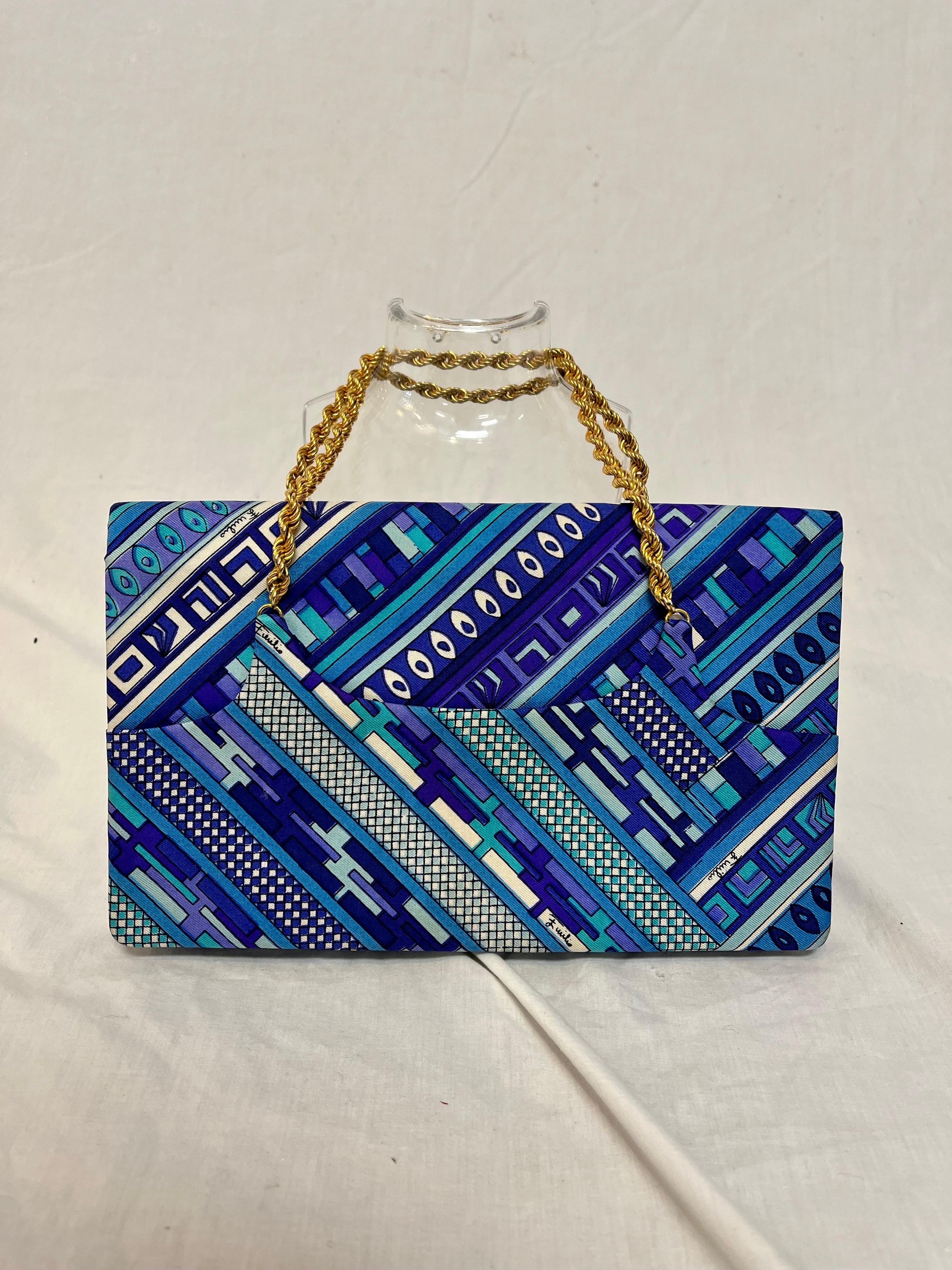 Mid-Century Modern Emilio Pucci 1960s Top Handle Chain Signed Vibrant Print Clutch Fold over Bag