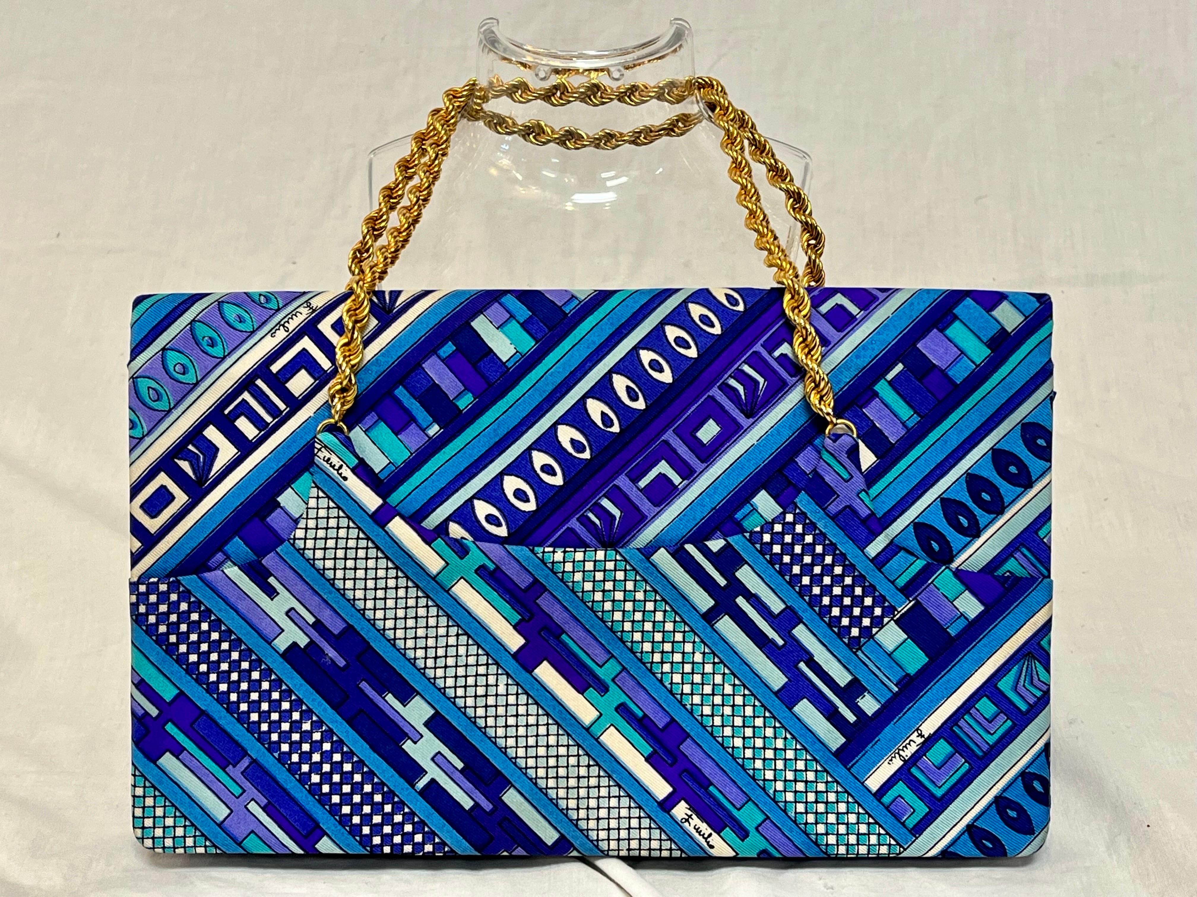Italian Emilio Pucci 1960s Top Handle Chain Signed Vibrant Print Clutch Fold over Bag
