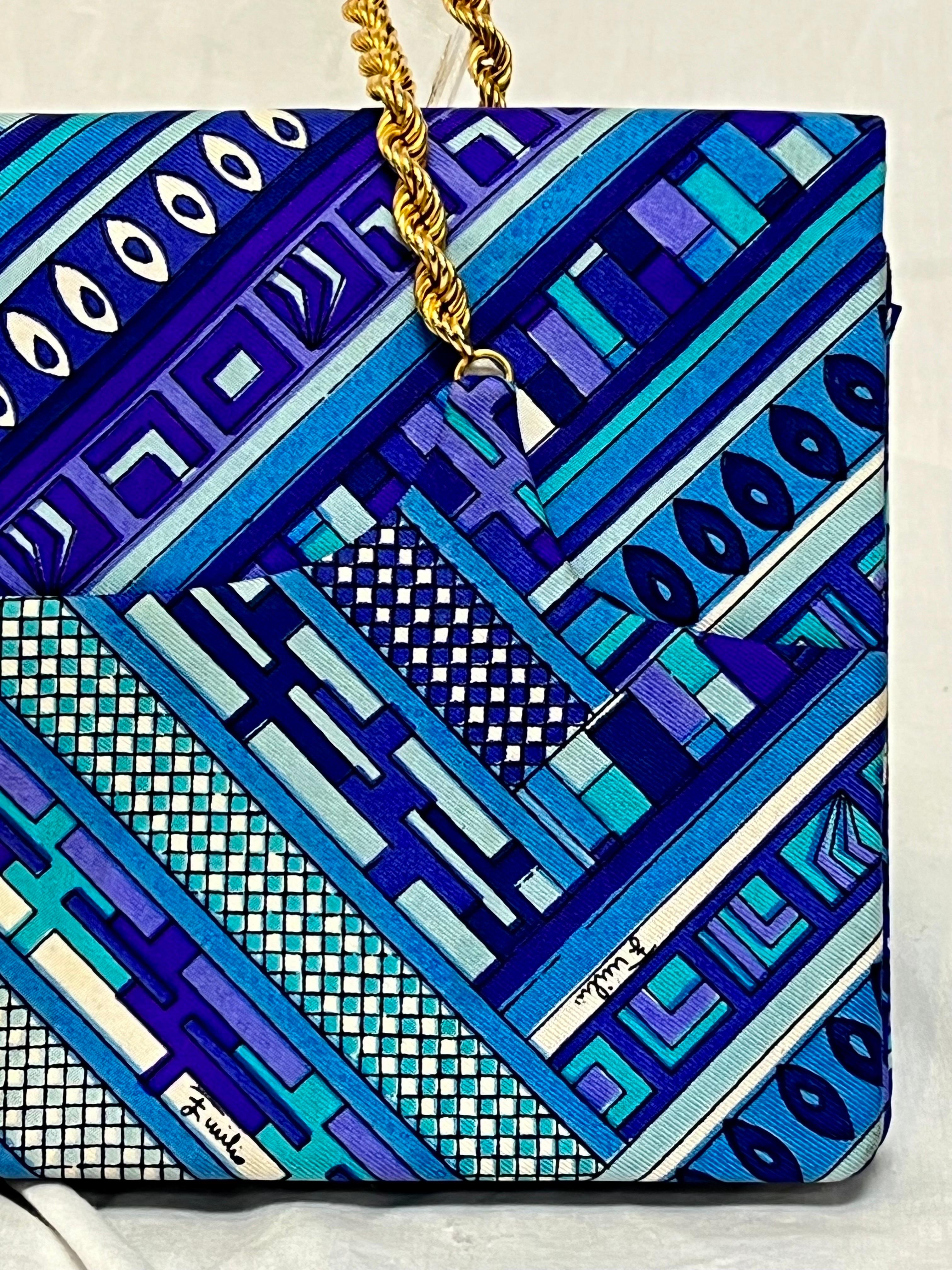 Emilio Pucci 1960s Top Handle Chain Signed Vibrant Print Clutch Fold over Bag 1