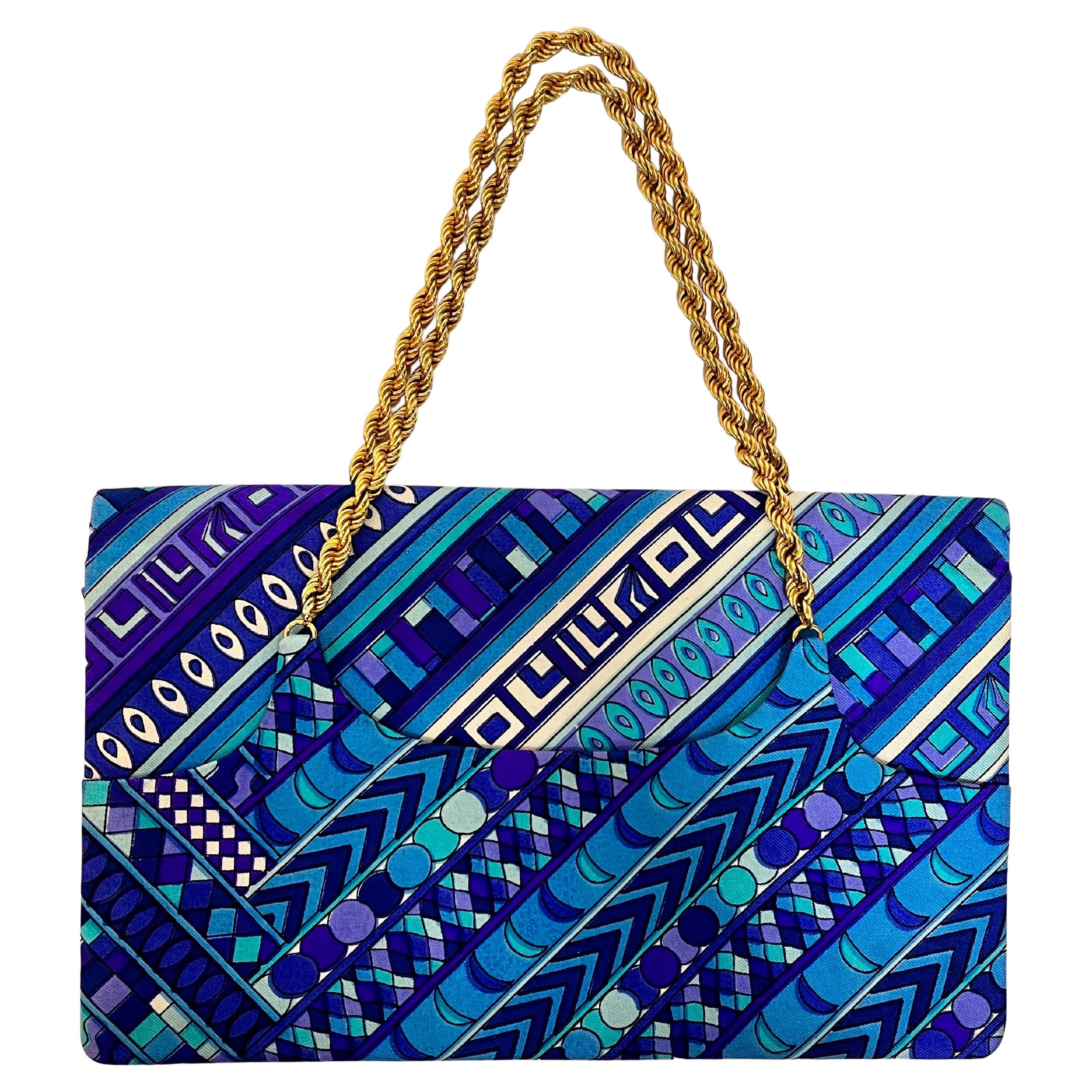 Emilio Pucci 1960s Top Handle Chain Signed Vibrant Print Clutch Fold over Bag