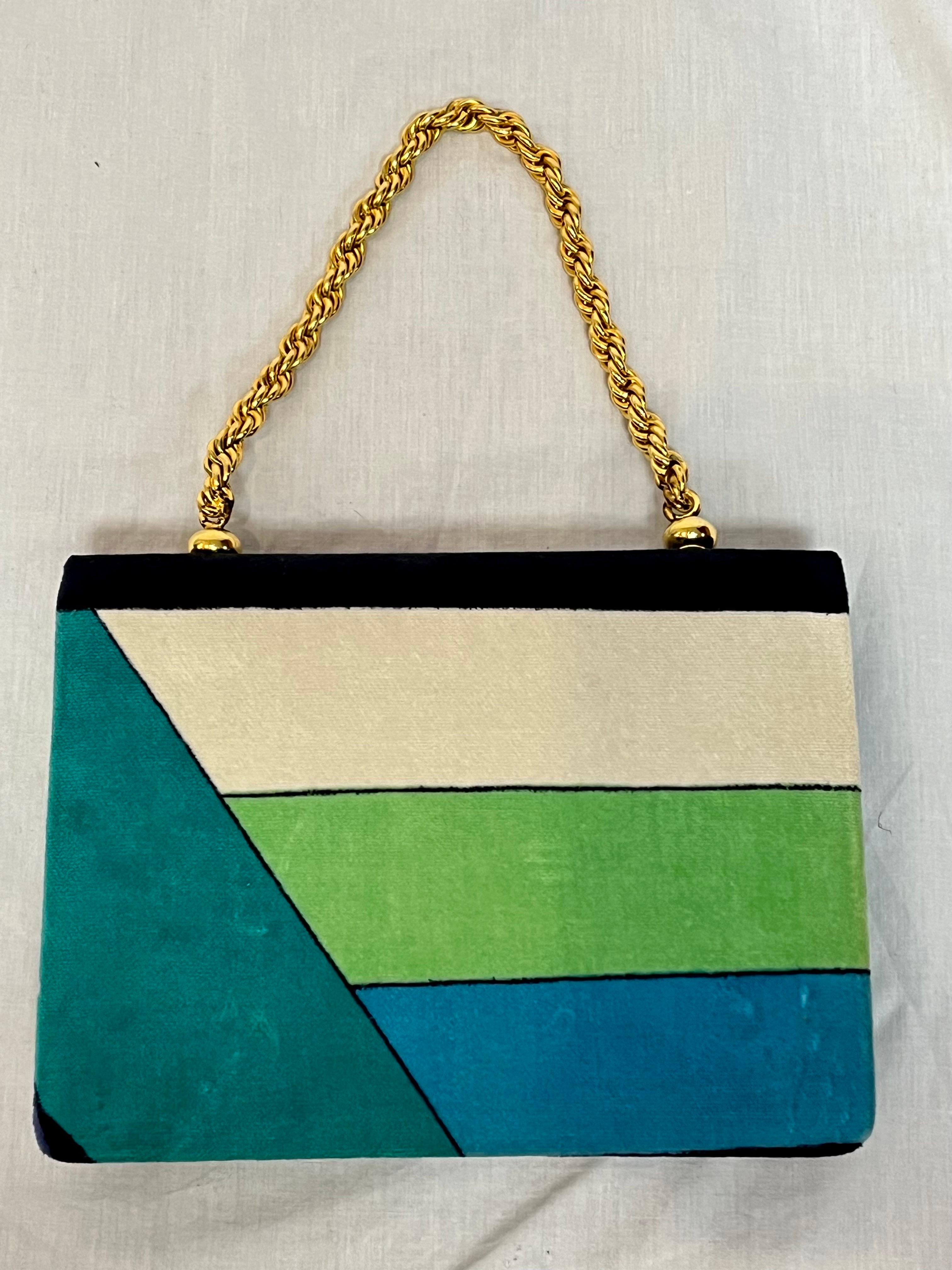 Mid-Century Modern Emilio Pucci 1960s Top Handle Chain Signed Vibrant Print Velour Clutch Bag