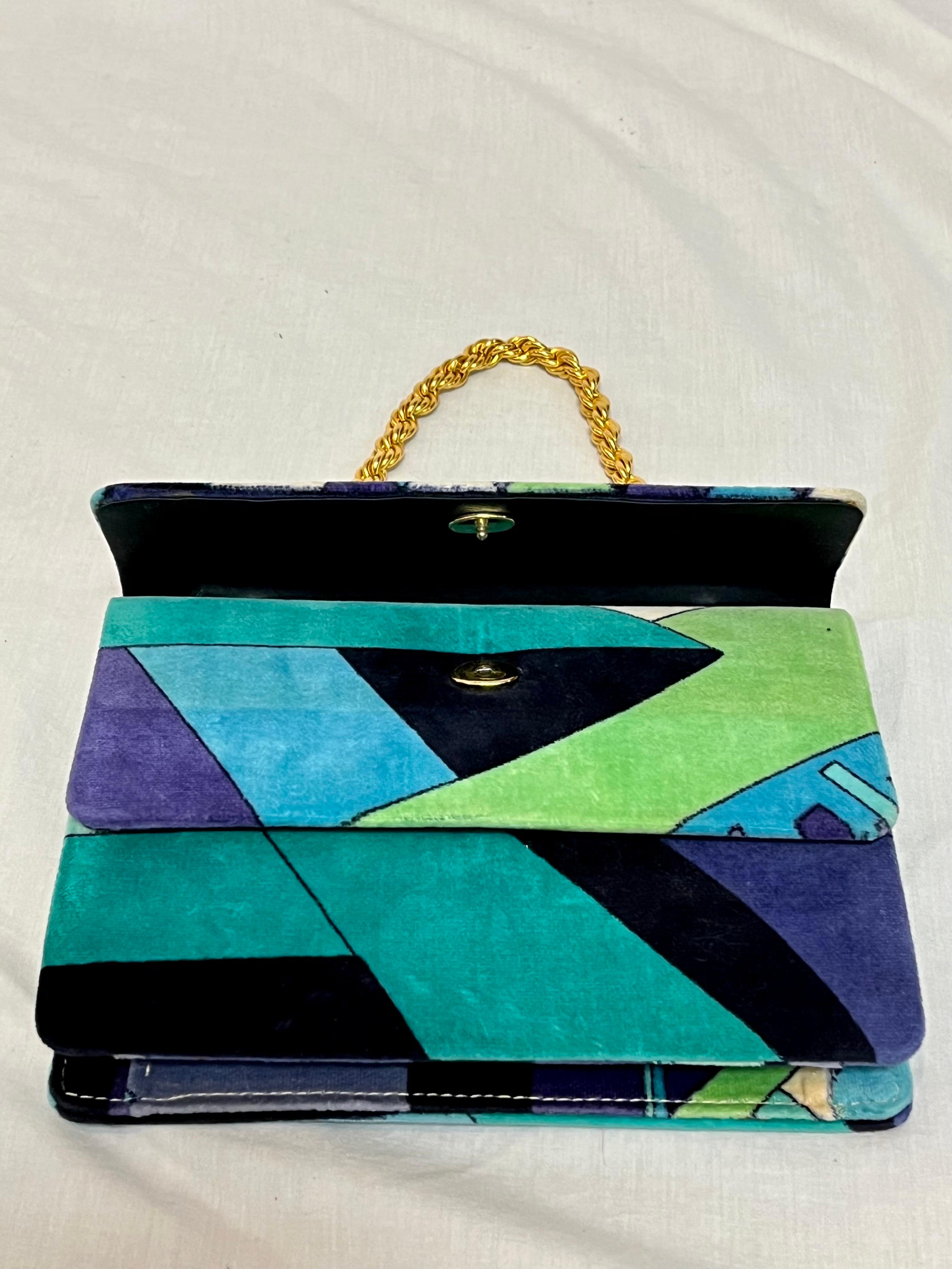 Emilio Pucci 1960s Top Handle Chain Signed Vibrant Print Velour Clutch Bag In Good Condition In Atlanta, GA