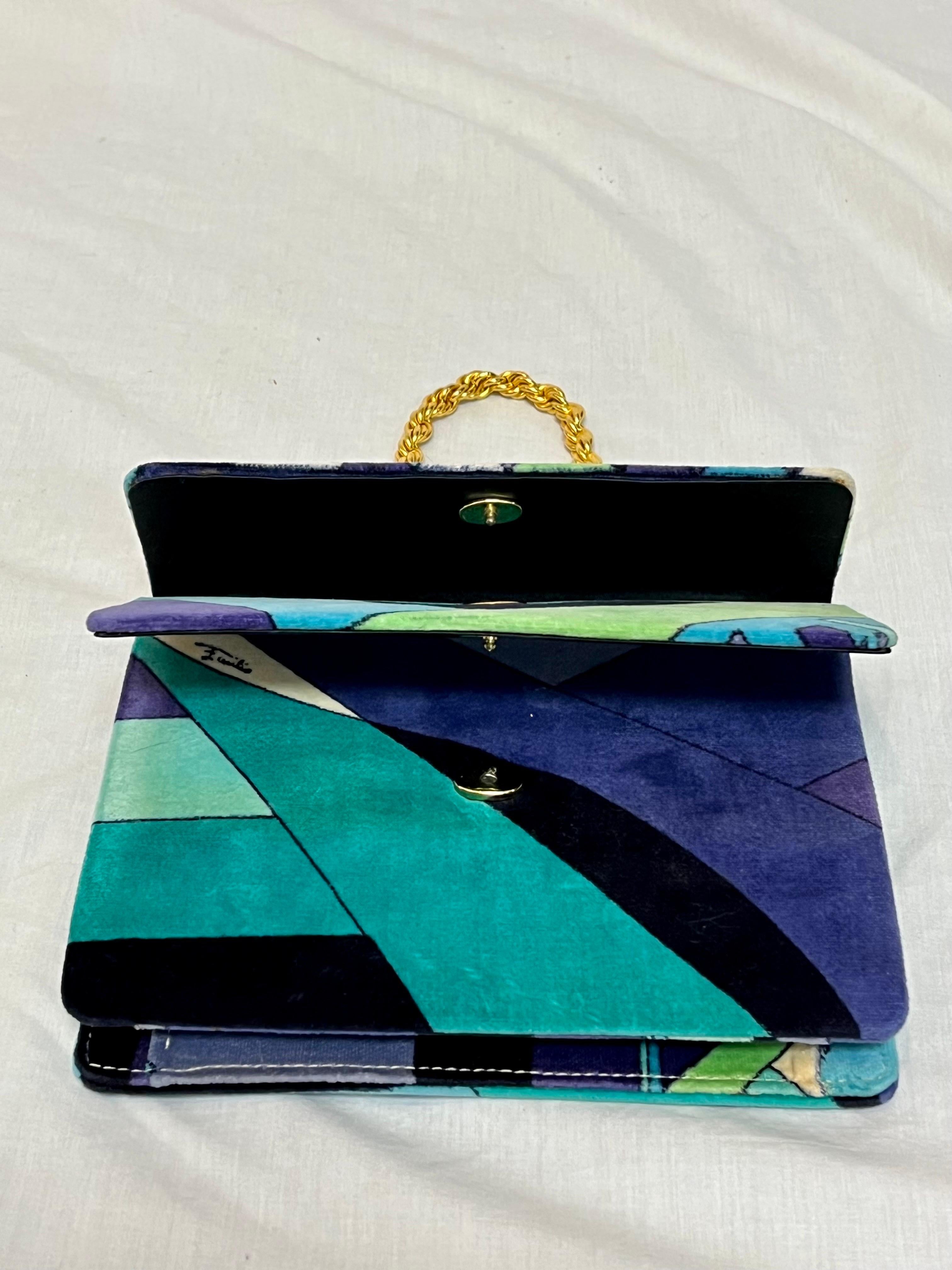 20th Century Emilio Pucci 1960s Top Handle Chain Signed Vibrant Print Velour Clutch Bag