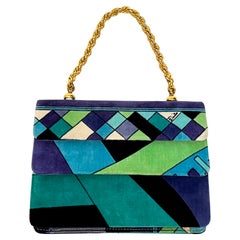 Emilio Pucci - Pochette en velours imprimé vibrant avec poignée supérieure et chaîne, signée, années 1960