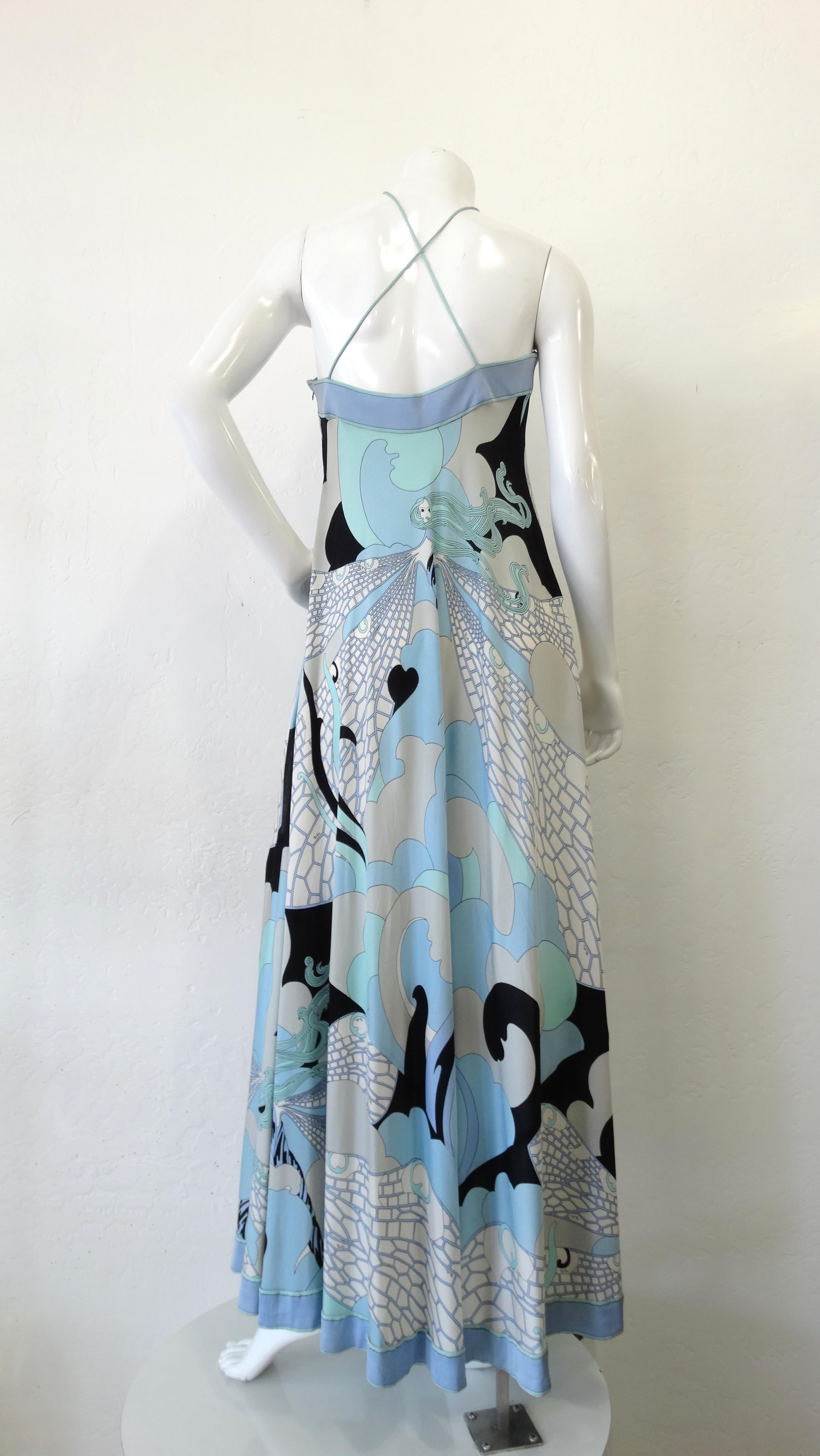 Emilio Pucci 1970s Goddess Motif Silk Halter Dress 1