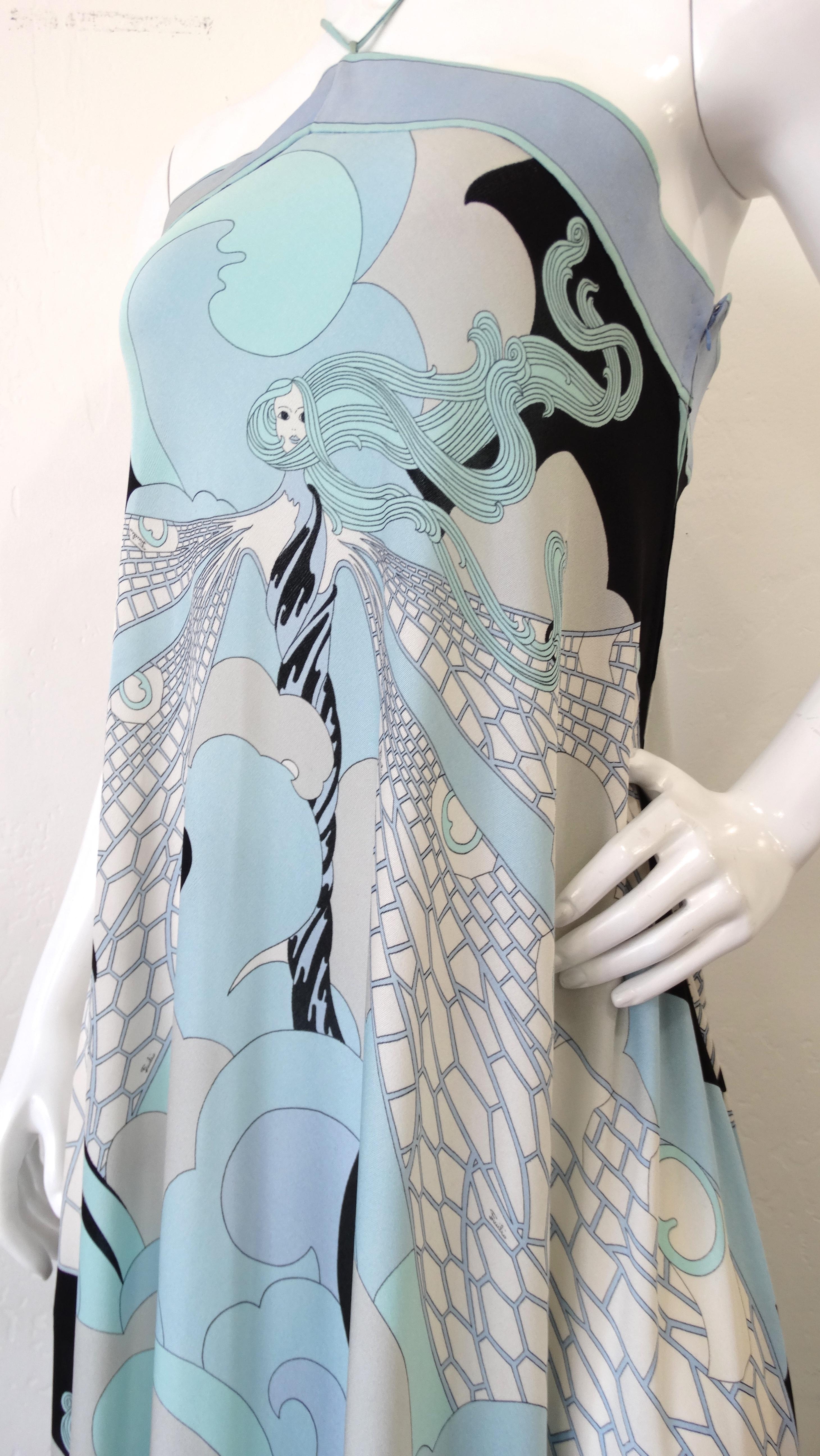 Emilio Pucci 1970s Goddess Motif Silk Halter Dress 3