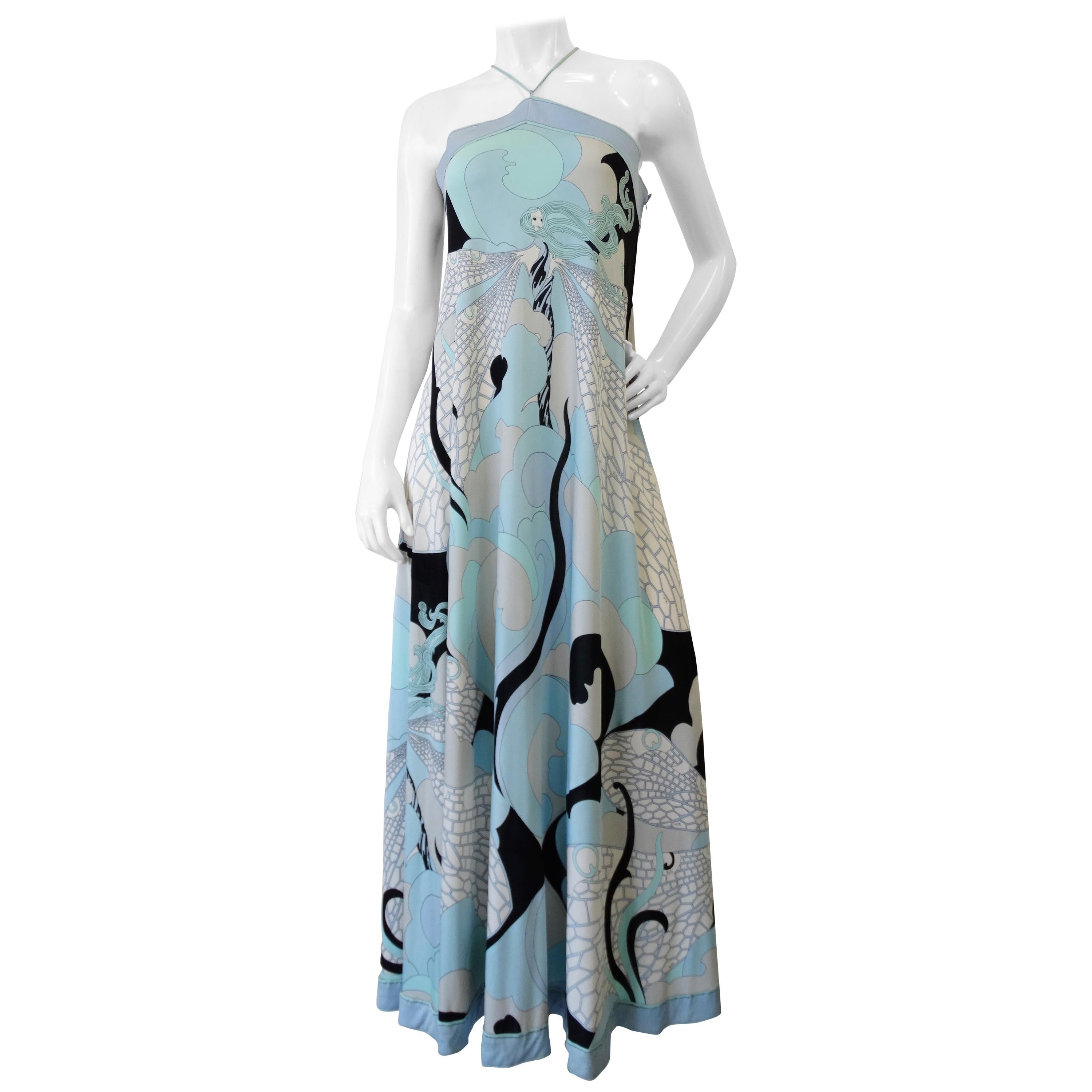 Emilio Pucci 1970s Goddess Motif Silk Halter Dress