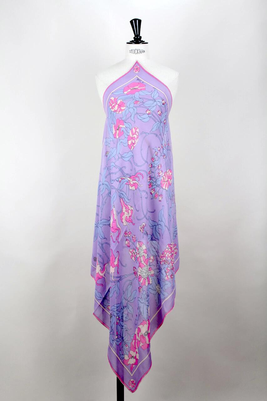 EMILIO PUCCI 1970s Signature Lilac Floral Print Bow Tie Silk Blouse & Scarf Set 5