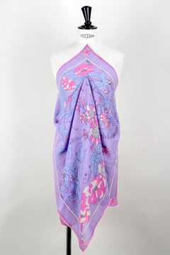 EMILIO PUCCI 1970s Signature Lilac Floral Print Bow Tie Silk Blouse & Scarf Set