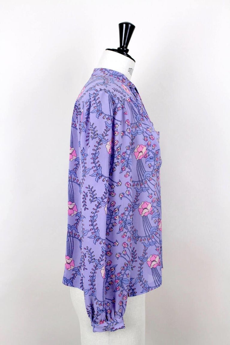 EMILIO PUCCI 1970s Signature Lilac Floral Print Bow Tie Silk Blouse and ...