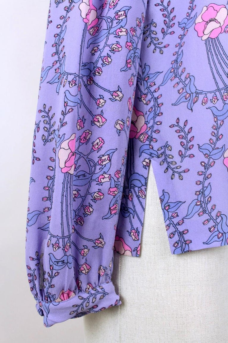 EMILIO PUCCI 1970s Signature Lilac Floral Print Bow Tie Silk Blouse and ...