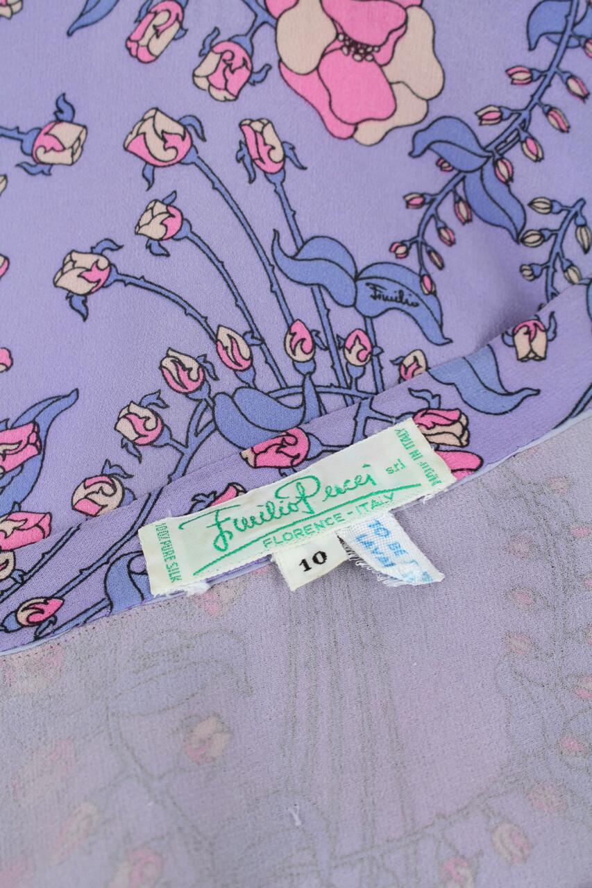 EMILIO PUCCI 1970s Signature Lilac Floral Print Bow Tie Silk Blouse & Scarf Set 2