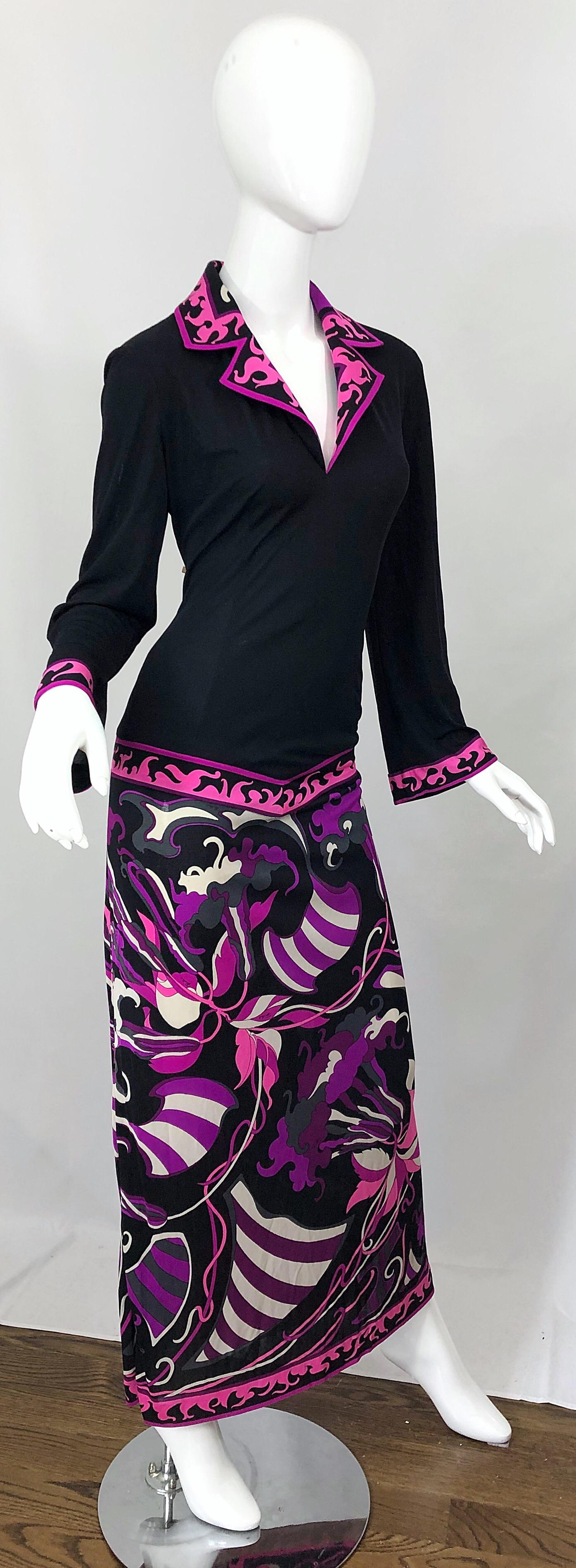 Emilio Pucci 1970s Silk Jersey Pink Purple Black Vintage 70s Maxi Dress For Sale 4