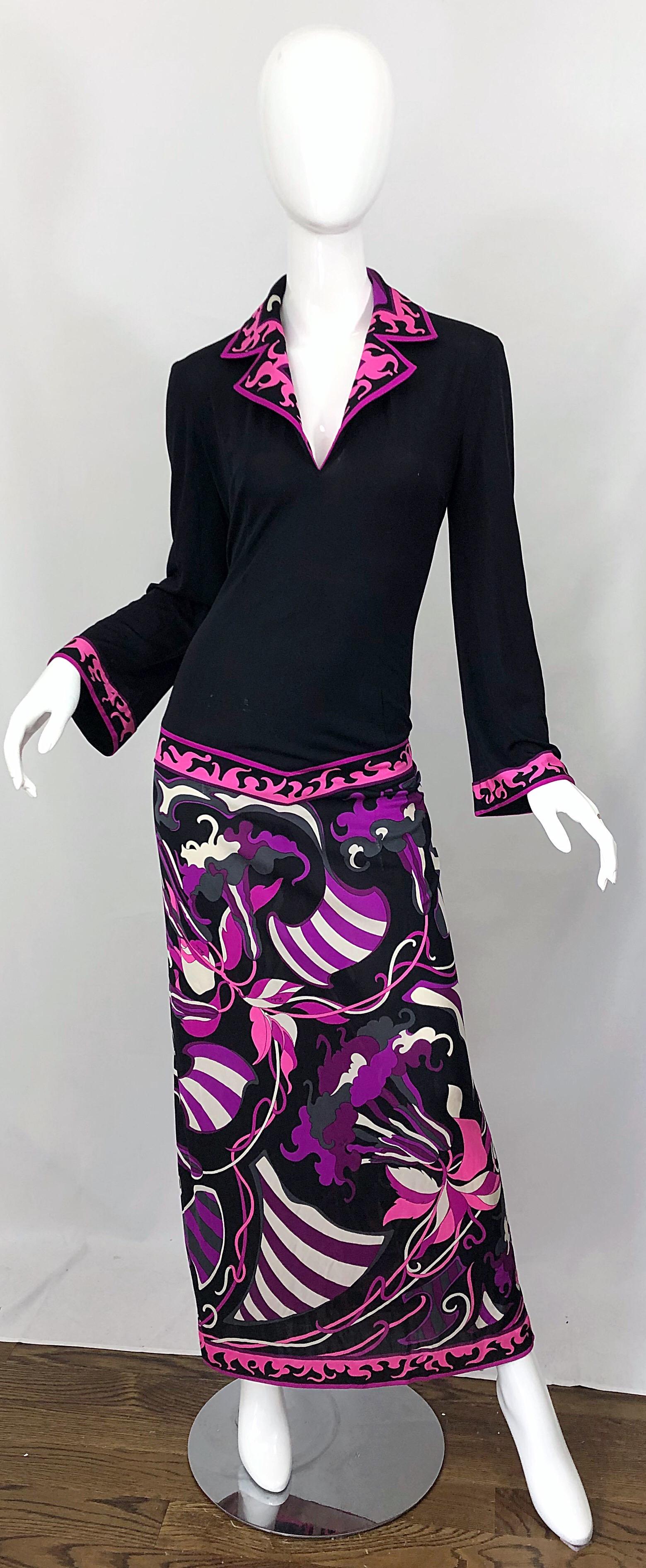 Emilio Pucci 1970s Silk Jersey Pink Purple Black Vintage 70s Maxi Dress For Sale 7