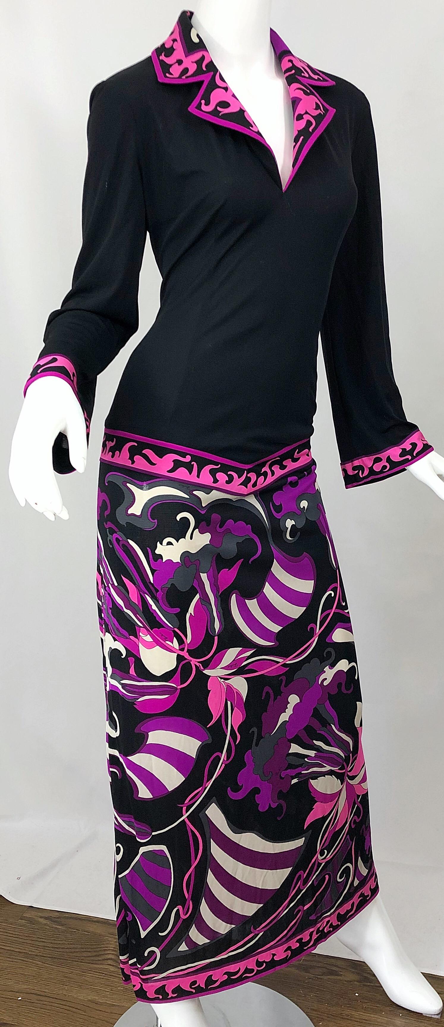 Emilio Pucci 1970s Silk Jersey Pink Purple Black Vintage 70s Maxi Dress In Excellent Condition For Sale In San Diego, CA