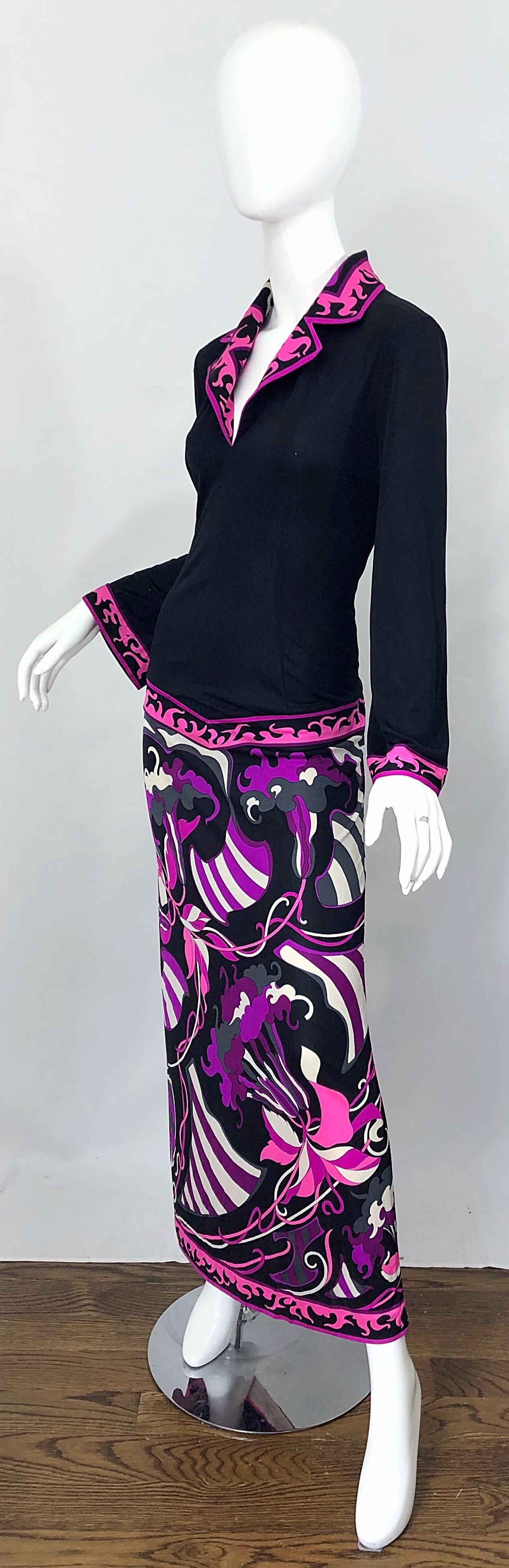 Women's Emilio Pucci 1970s Silk Jersey Pink Purple Black Vintage 70s Maxi Dress For Sale