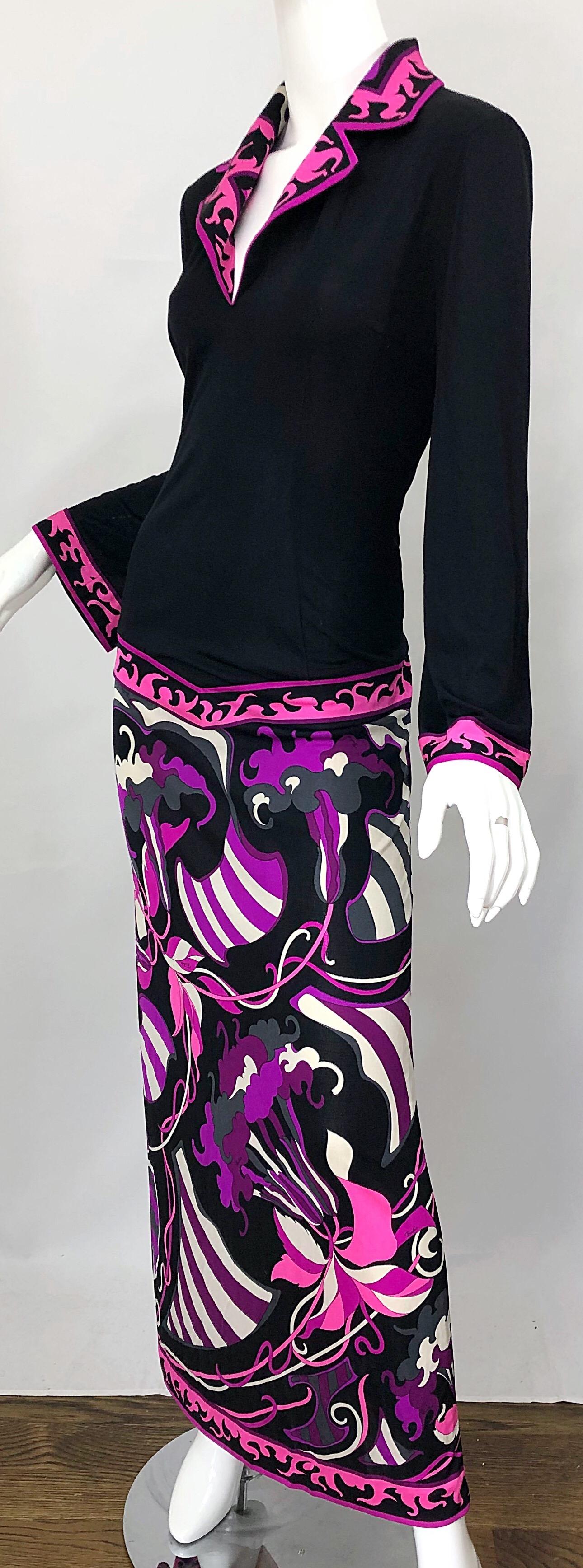 Emilio Pucci 1970s Silk Jersey Pink Purple Black Vintage 70s Maxi Dress For Sale 2
