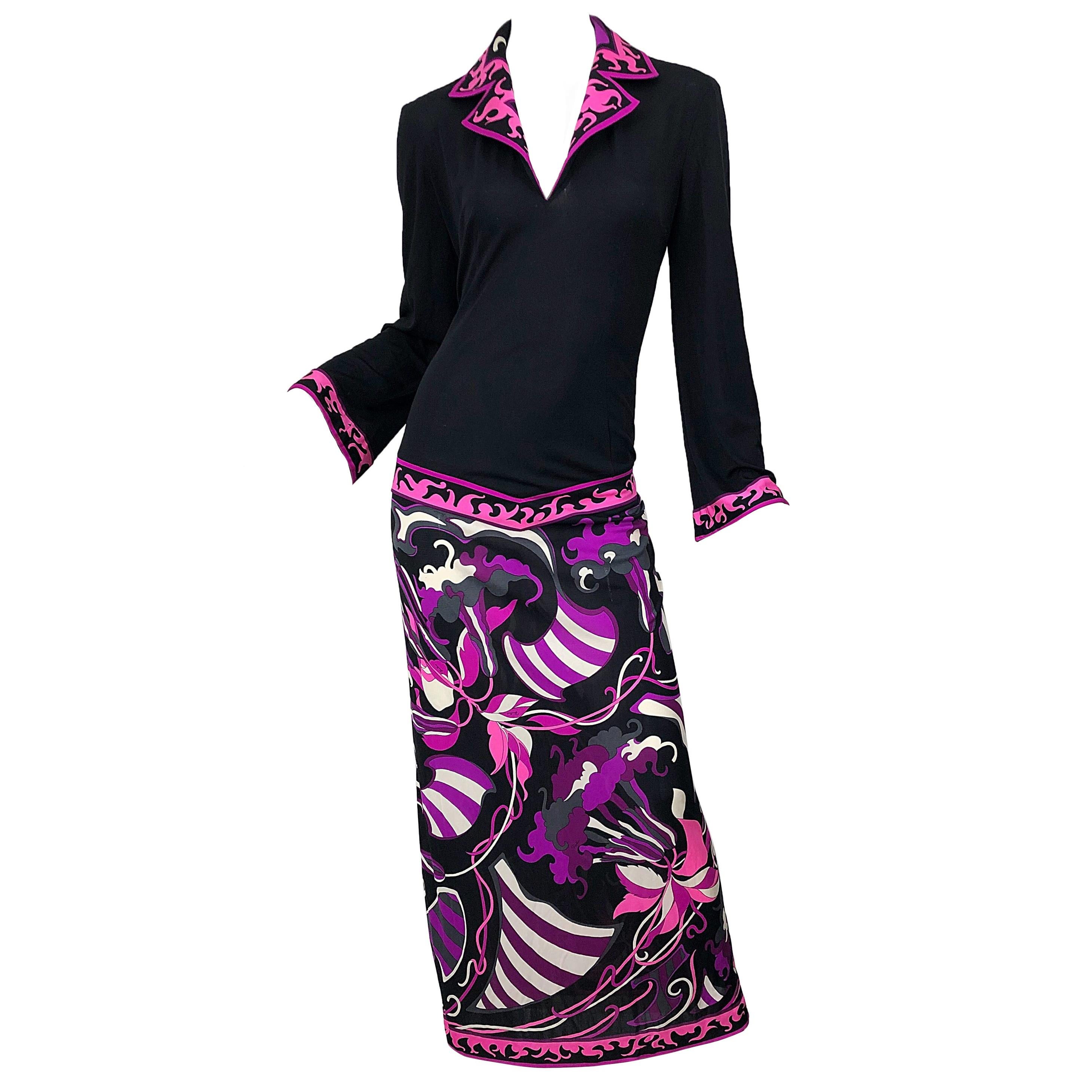 Emilio Pucci 1970s Silk Jersey Pink Purple Black Vintage 70s Maxi Dress For Sale