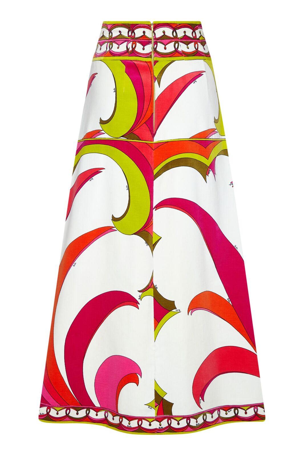 Cette superbe jupe longue en velours de Pucci datant des années 1970 est dans un état vintage impeccable et présente un imprimé tropical vibrant et lumineux. Les couleurs vives vert lime, mandarine et fuchsia ressortent de manière impressionnante du
