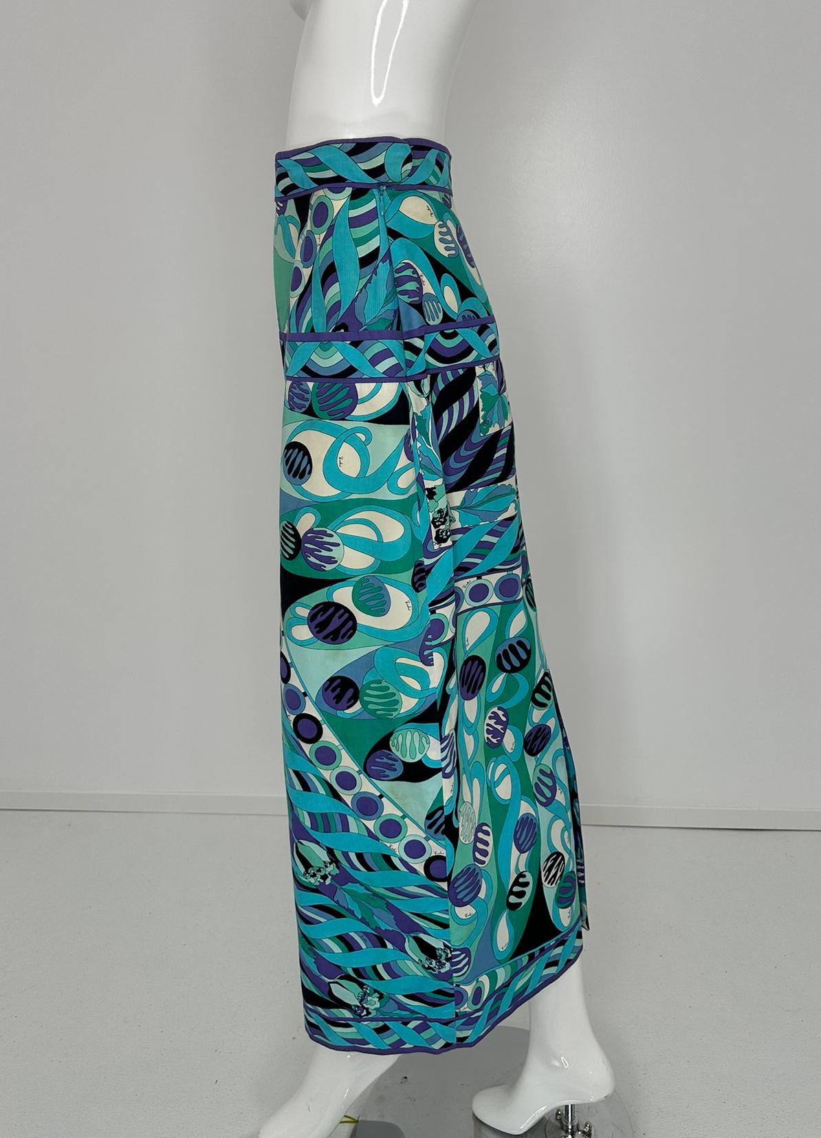 Emilio Pucci 1970s Vivara en sarga de algodón azul Maxifalda con canesú a la cadera 10 en venta 5