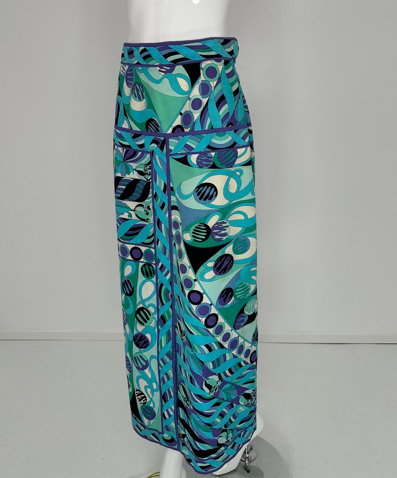 Emilio Pucci 1970s Vivara en sarga de algodón azul Maxifalda con canesú a la cadera 10 en venta 7