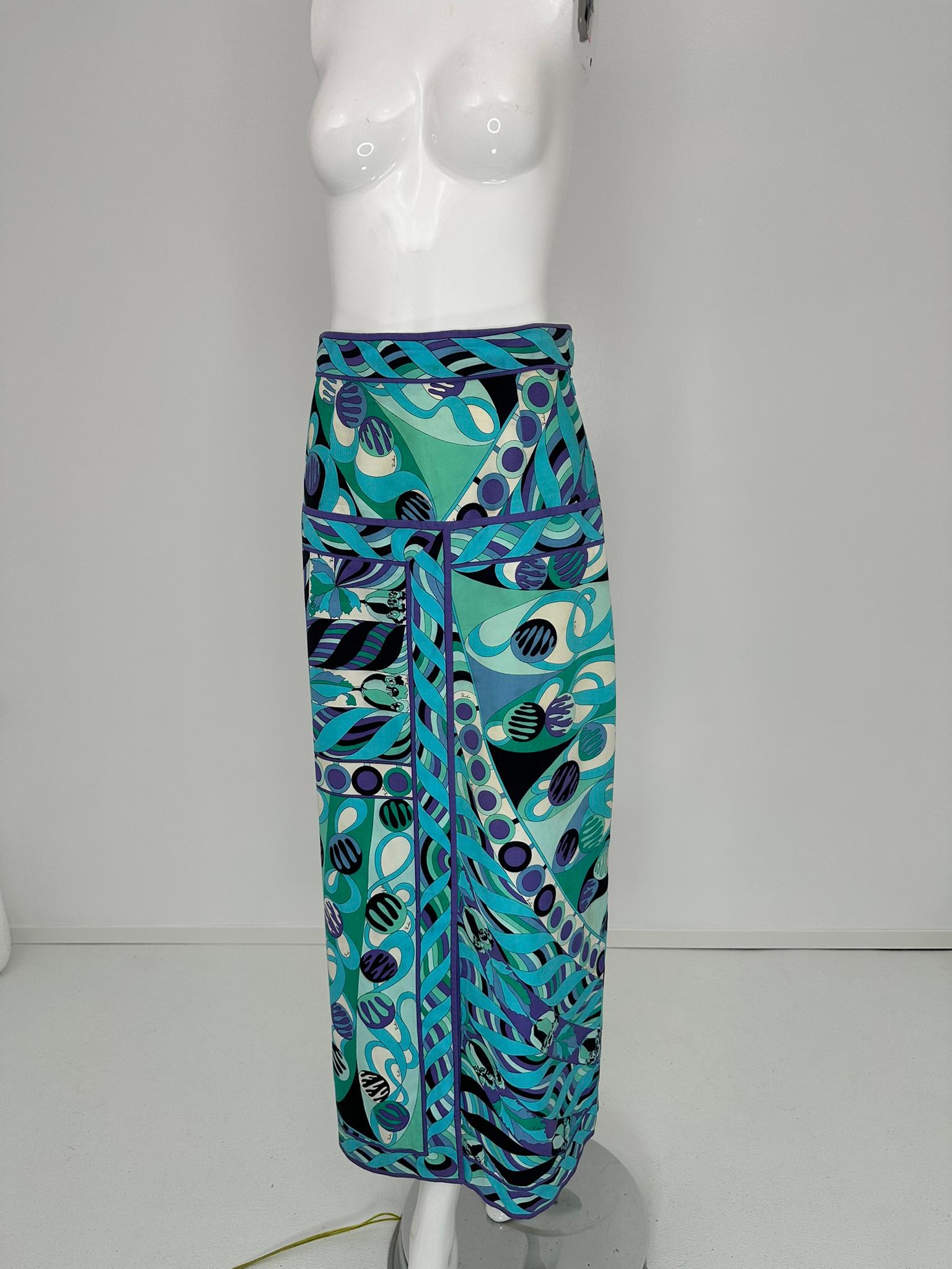 Emilio Pucci 1970s Vivara en sarga de algodón azul Maxifalda con canesú a la cadera 10 en venta 8