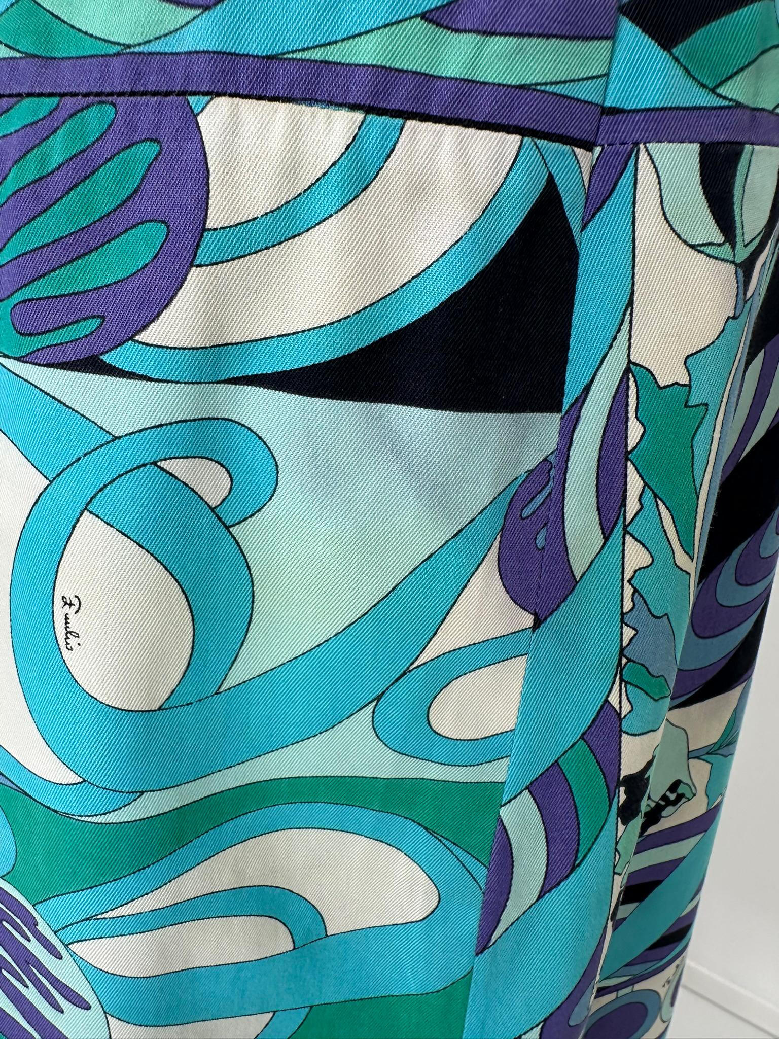 Emilio Pucci 1970s Vivara in Twill di Cotone Blu Stampa Carré Maxi Gonna Anca 10 in vendita 13