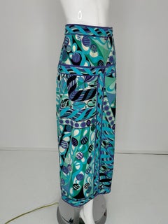 Emilio Pucci 1970s Vivara in Blue Cotton Twill Print Yoke Hip Maxi Skirt 10