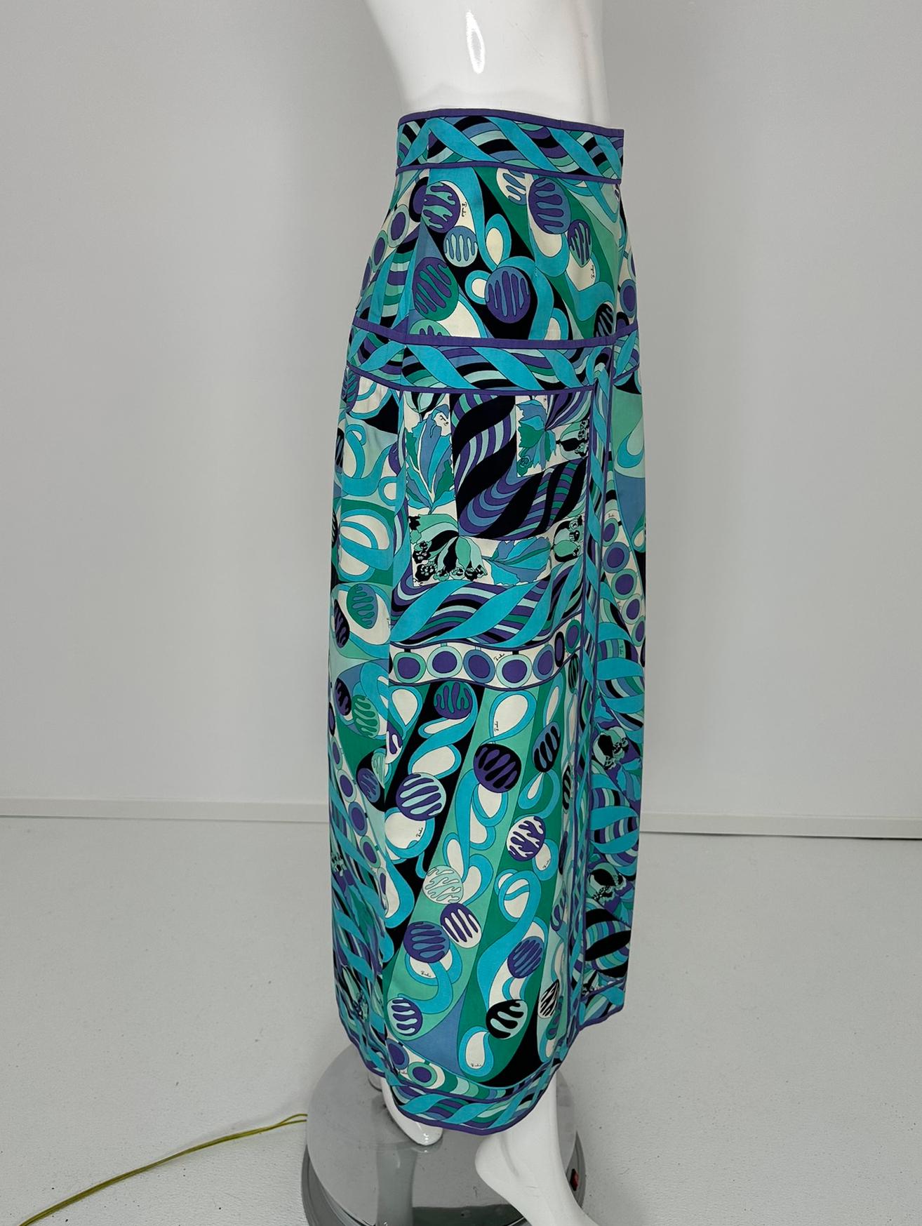 Emilio Pucci 1970s Vivara en sarga de algodón azul Maxifalda con canesú a la cadera 10 Azul en venta