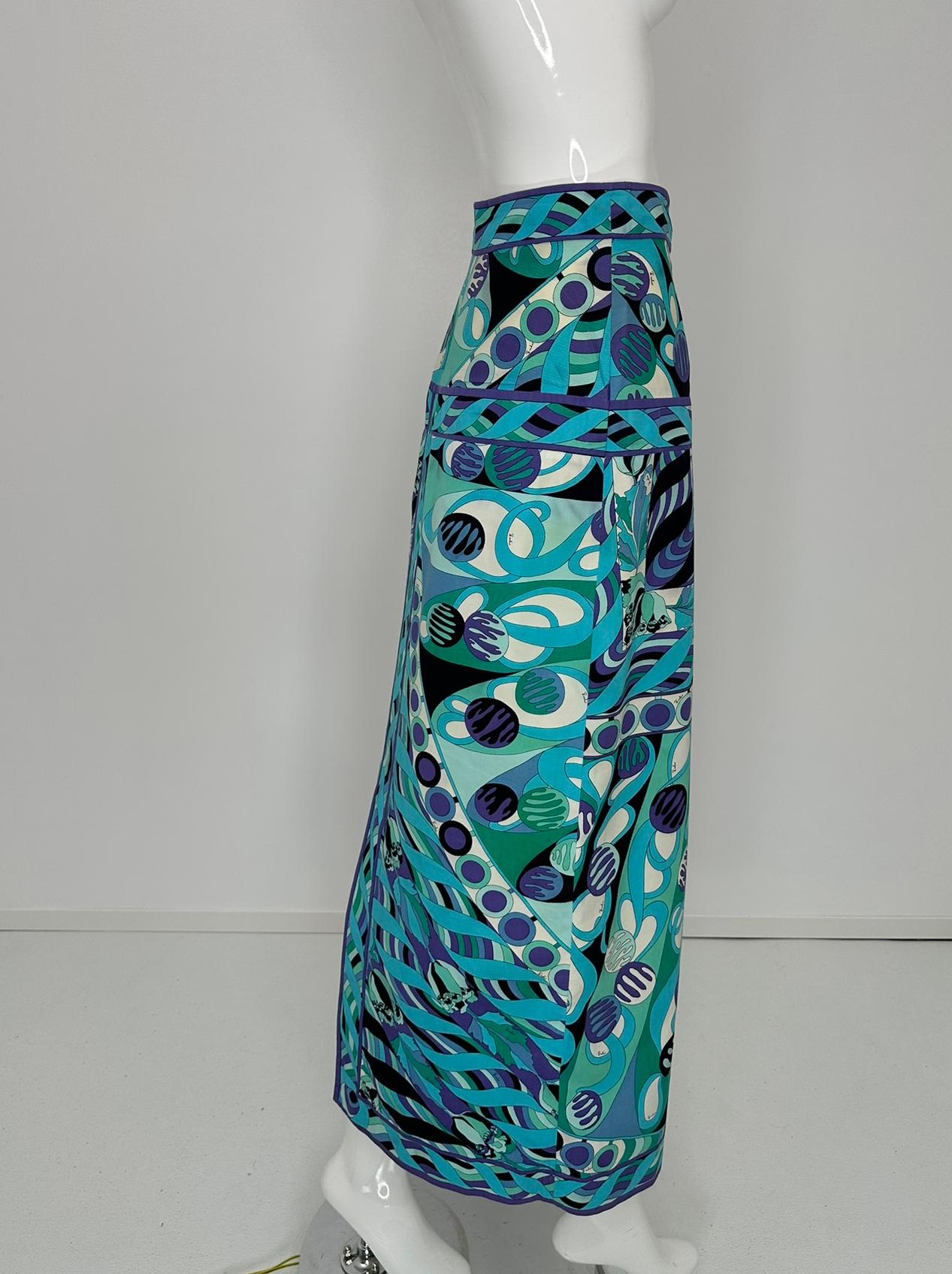 Emilio Pucci 1970s Vivara en sarga de algodón azul Maxifalda con canesú a la cadera 10 en Bueno estado para la venta en West Palm Beach, FL