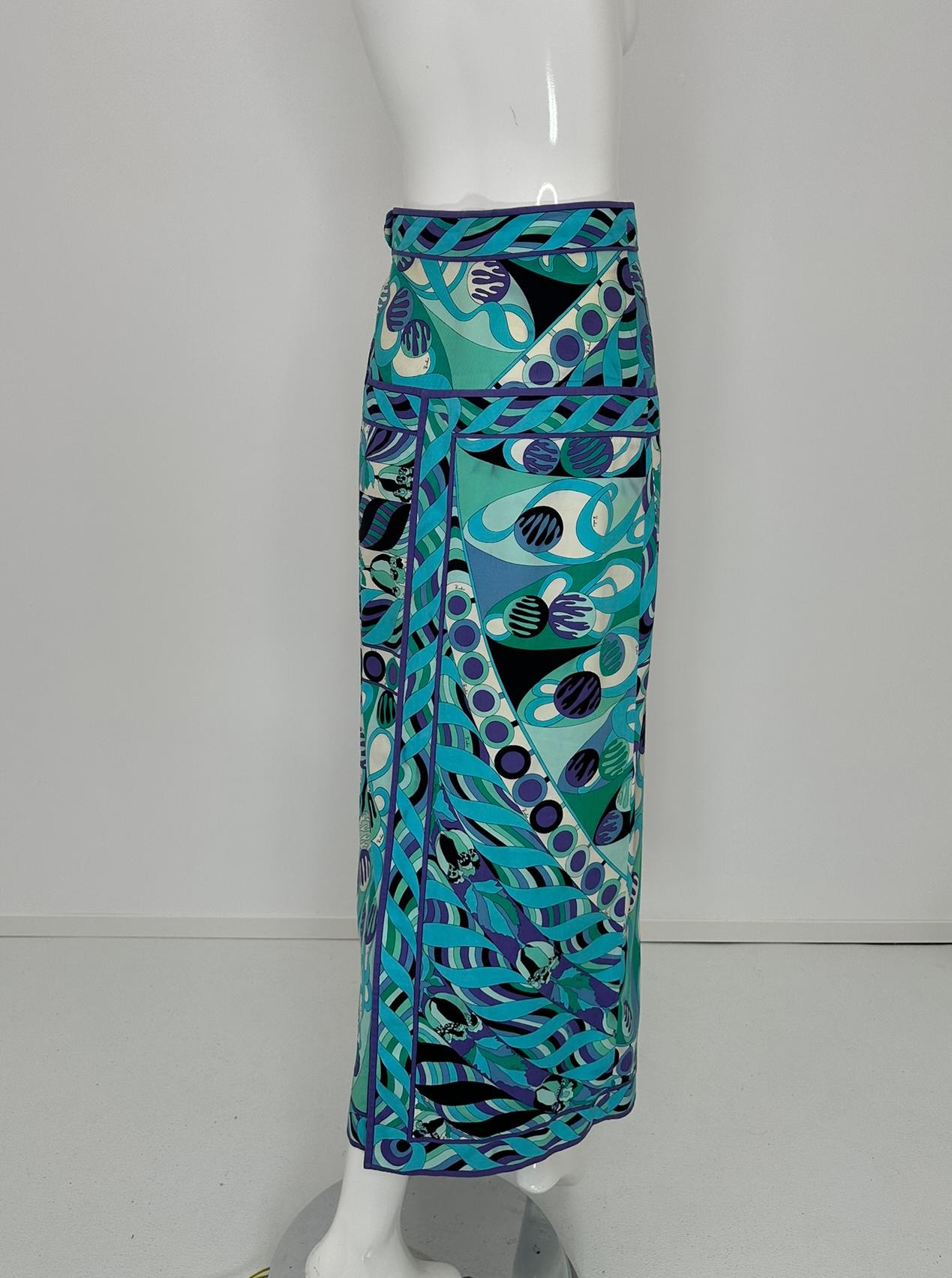 De las mujeres Emilio Pucci 1970s Vivara en sarga de algodón azul Maxifalda con canesú a la cadera 10 en venta
