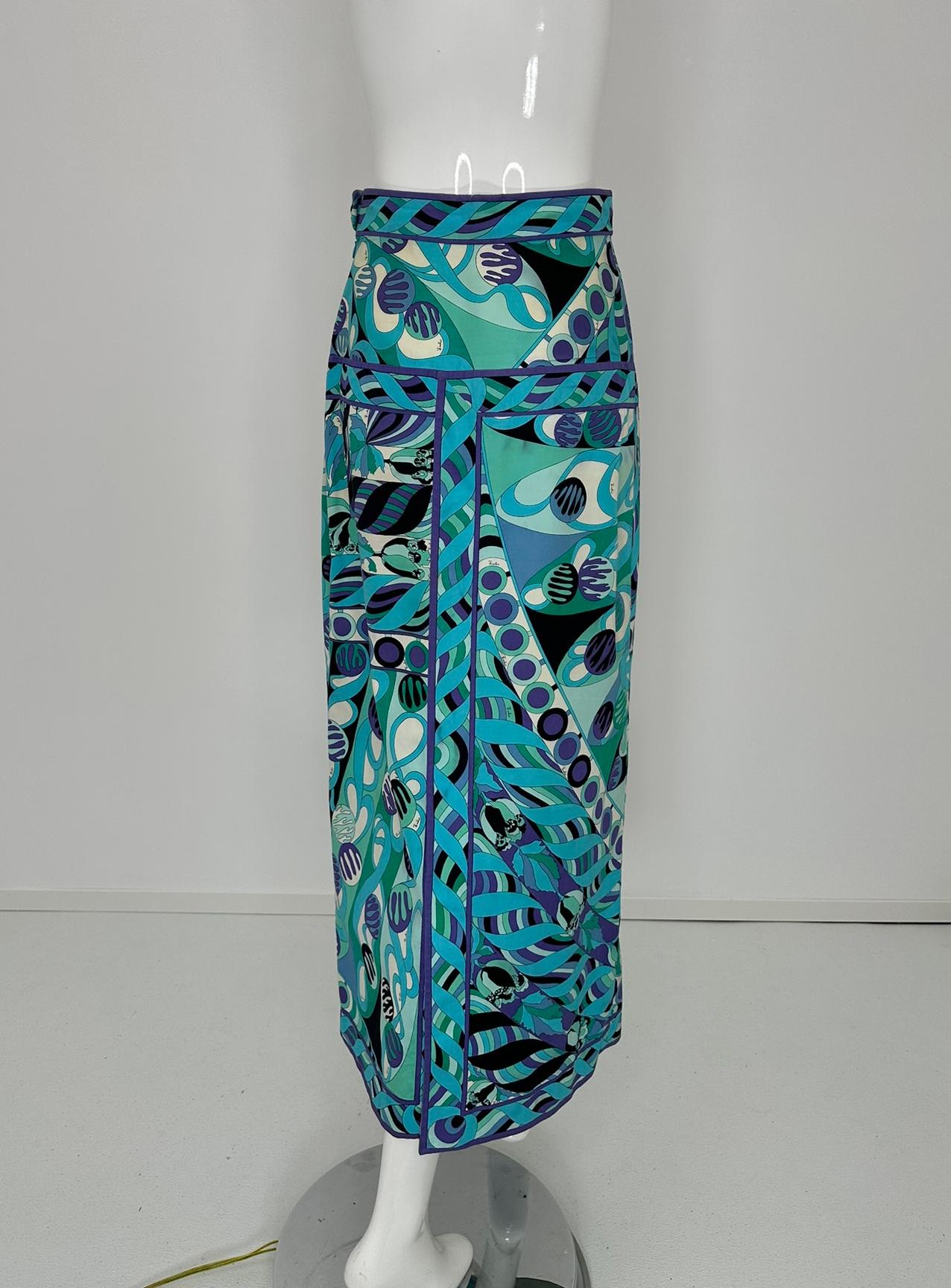 Emilio Pucci 1970s Vivara en sarga de algodón azul Maxifalda con canesú a la cadera 10 en venta 1
