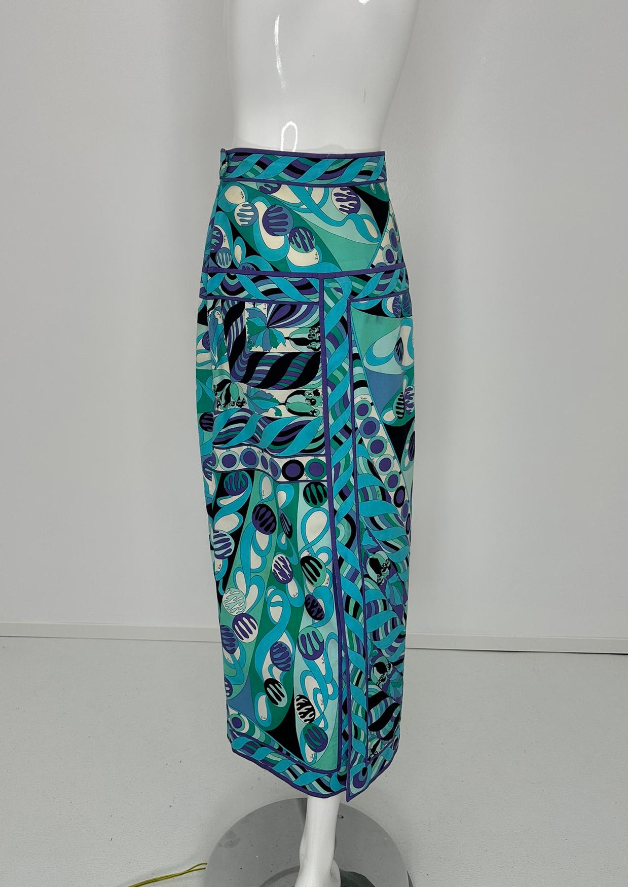 Emilio Pucci 1970s Vivara en sarga de algodón azul Maxifalda con canesú a la cadera 10 en venta 2