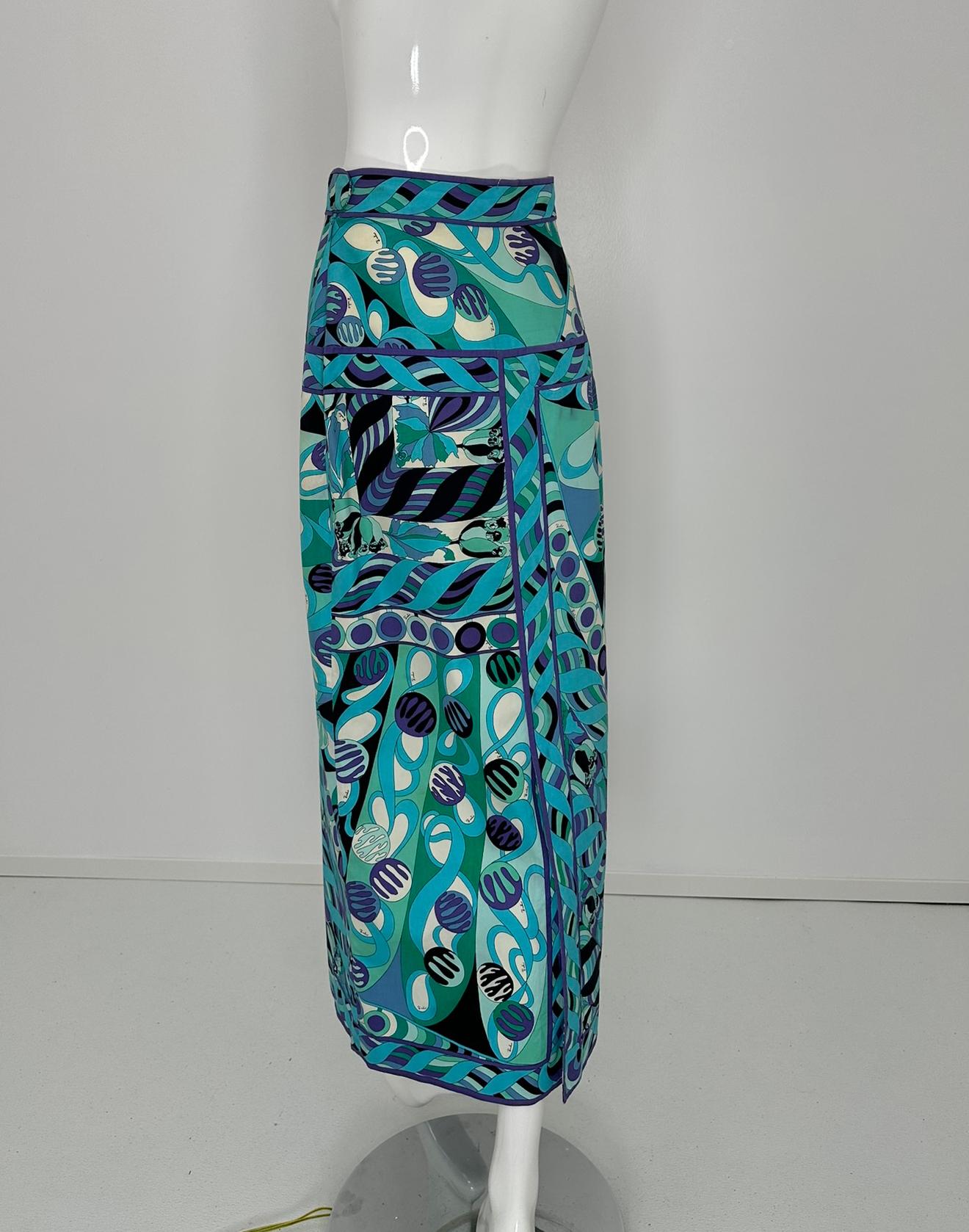 Emilio Pucci 1970s Vivara en sarga de algodón azul Maxifalda con canesú a la cadera 10 en venta 3