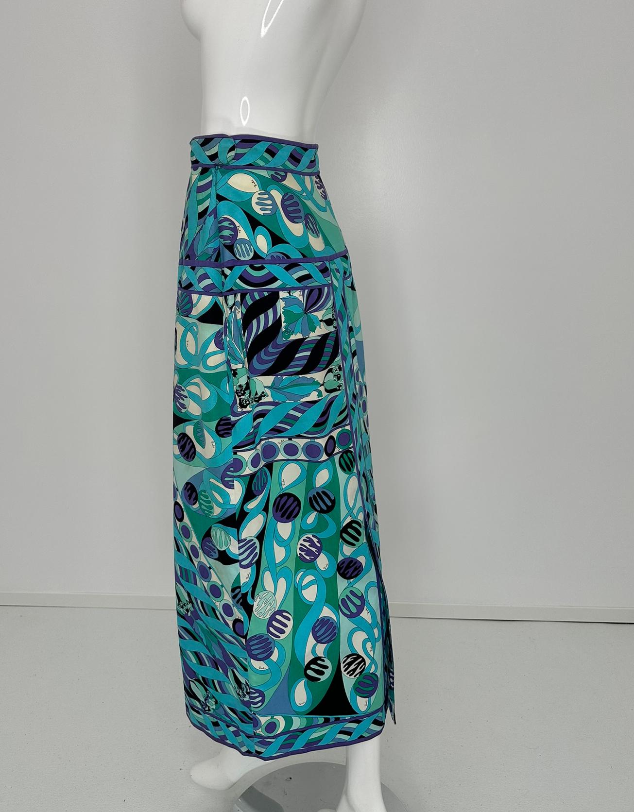 Emilio Pucci 1970s Vivara en sarga de algodón azul Maxifalda con canesú a la cadera 10 en venta 4