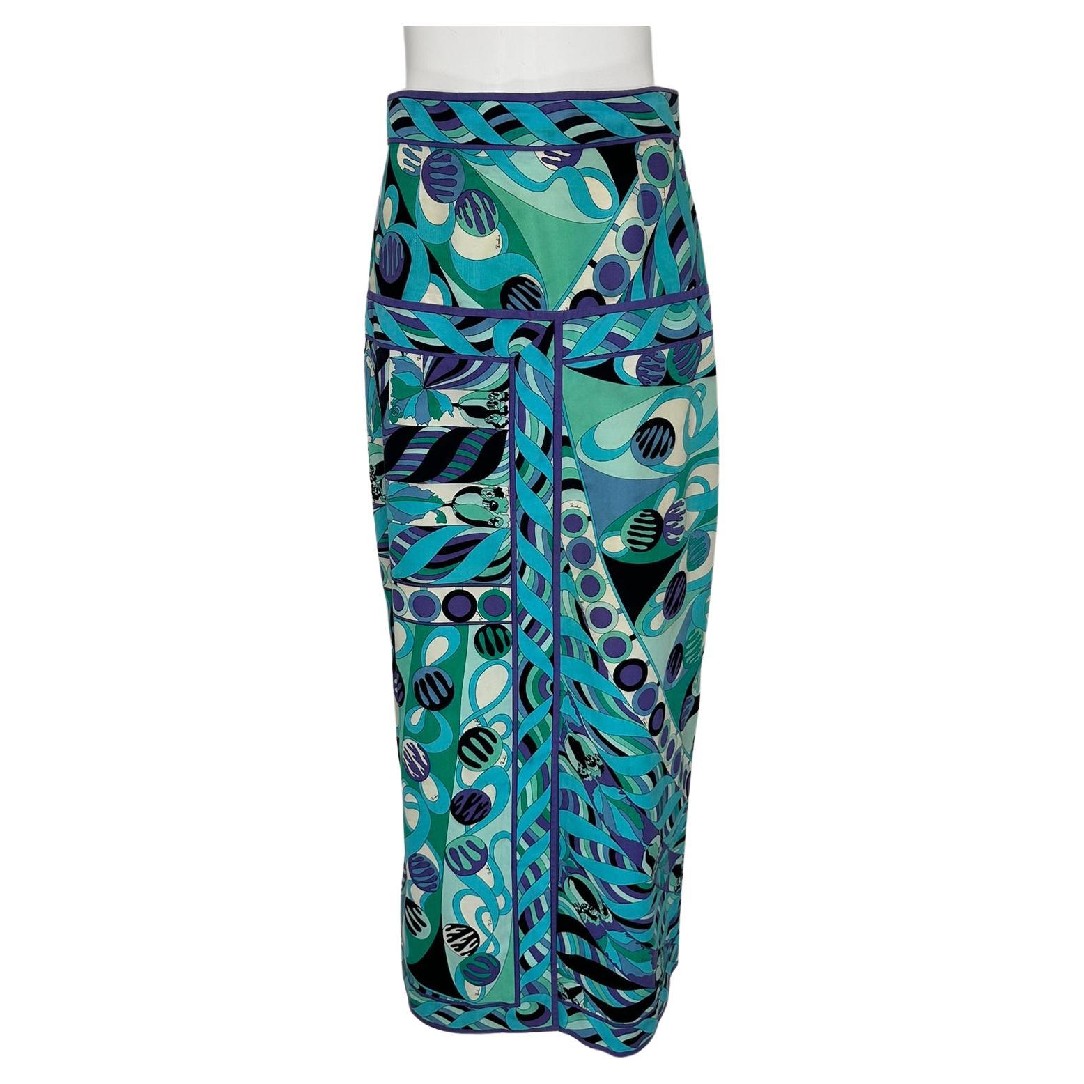 Emilio Pucci 1970s Vivara in Blue Cotton Twill Print Yoke Hip Maxi Skirt 10