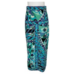 Emilio Pucci 1970s Vivara in Blue Cotton Twill Print Yoke Hip Maxi Skirt 10