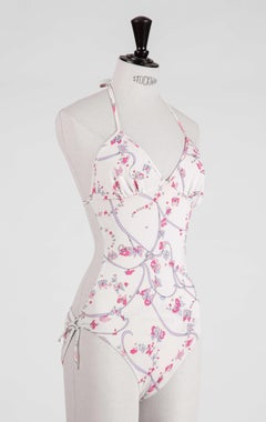EMILIO PUCCI 1970s White Pink Signature Butterfly Print One-Piece Swimsuit